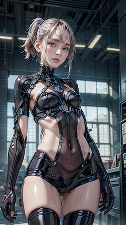 delicate face, 20-year-old kpop idol cyborg girl, dark(carbon fiber high leg cut leotard), Chest opening, {{angled bob}}, (big breasts:1.25), (mechanical joint), bangs, attractive curves, mid pelvis, seaside, standing posture, beach, glowing skin, ((puffyareolas)), (standing), dynamic pose, spread legs, (camel toe, cameltoe, vulvashaped:1.275), cyberpunk, sci-fi, (upper body:1.275), (8k, RAW photo, best quality, masterpiece: 1.47), (nsfw:1.275)