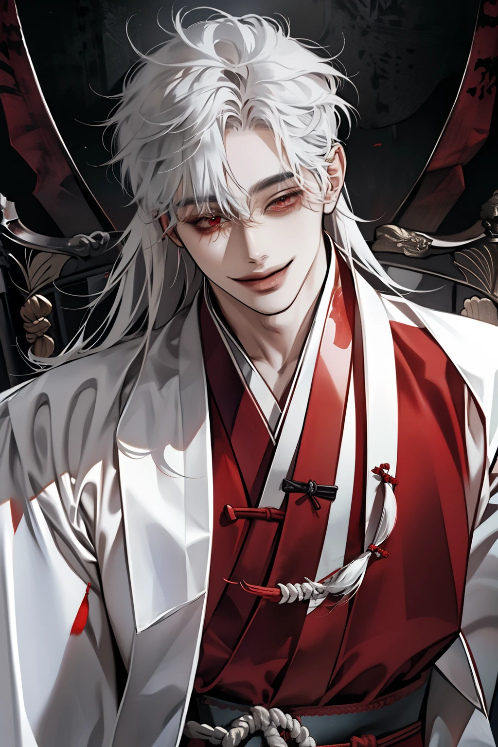 boy,   long hair hairstyle ,   white hair ,   sharp features wearing student clothes,   white skin ,  Staring at it from below , (( authentic Korean men's clothing )),  More information  ,   red eyes, ( smiling eerily)