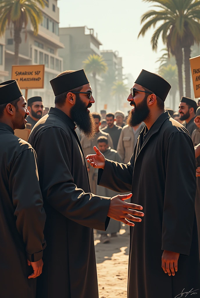 Both political and religious ideologies arguing. That each of these ideologies be distinguished by their clothing which will represent their way of thinking, which looks like a drawing made in Canva