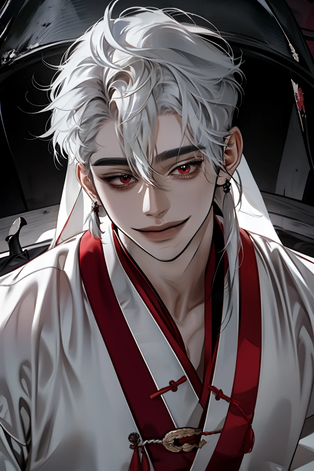 boy,    Long Hair Hairstyles ,    White Hair ,     sharp features wearing student uniforms ,    white skin  ,    character looking down from above  , (( Authentic Korean men's clothing   )),  More information  ,    red eyes, (  with a spooky smile )