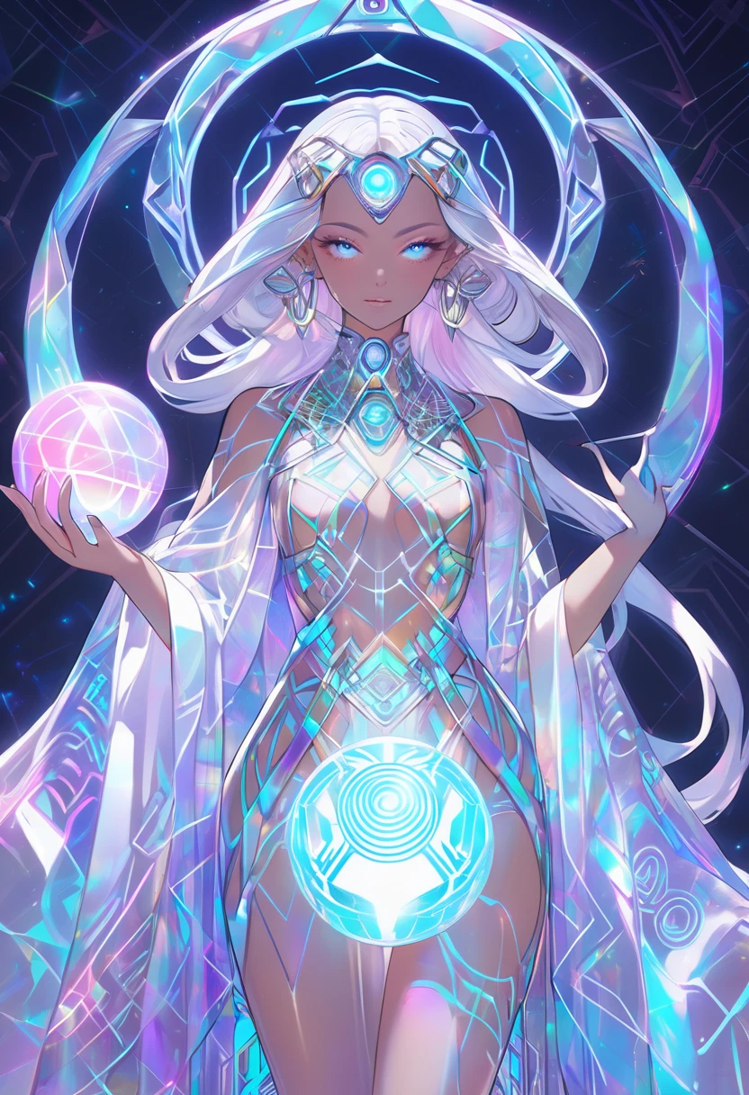 nude cyber-priestess with sleek, metallic hair styled in geometric waves, wearing a translucent holographic robe adorned with neon hieroglyphs, small breasts, holding a glowing data orb