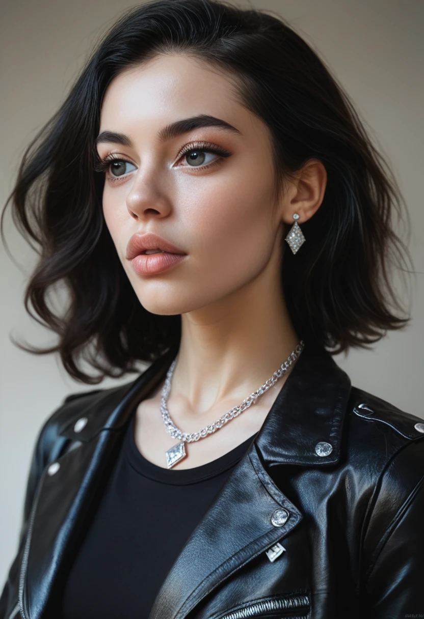 best quality, 8k, 32k, perfect body, ultra detailed face, detailed eyes, detailed black eyelashes, beautiful face, asymmetrical bob black hair, detailed white skin, sweet little lips, looking forward, detailed black eyes, wearing a black leather jacket, wearing a plain black t-shirt, black trousers, wearing diamond earrings, wear the necklace you bought