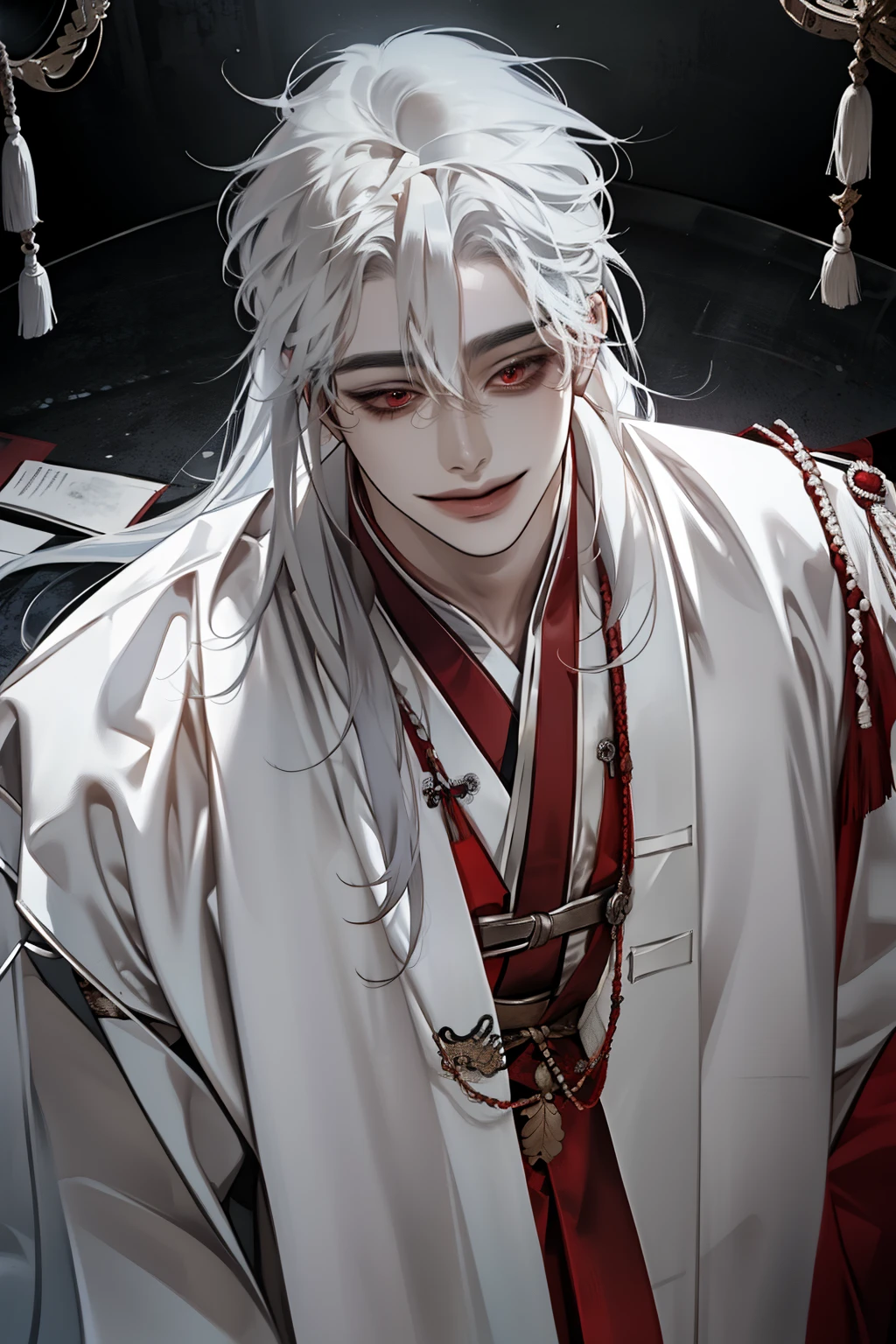 boy,   long hair hairstyle ,   long white hair,   sharp features wearing student clothes,   white skin ,  The character is looking down from above , (( authentic Korean men's clothing )),  More information  ,   red eyes, ( smiling eerily)