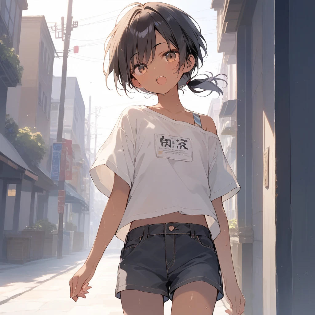 score_9, score_8_up, score_7_up, source_anime, best quality, masterpiece,official art, absurdres, highres, waifu2x,Collection: Slice of Life,break,1girl, tomboy, dark-skinned female, short hair, low ponytail, flat chest, beautiful detailed eyes, short shorts, sweat, open mouth, (yawn:0.3), sleepily, outdoors, break,(clear line illustration:1.2),very high resolution, very aesthetic, super detailed skin, Best sexual lighting powered by famous artist, 8k,cute picture,beauty illustration,photoshop_(medium),,(Detailed Lighting)
