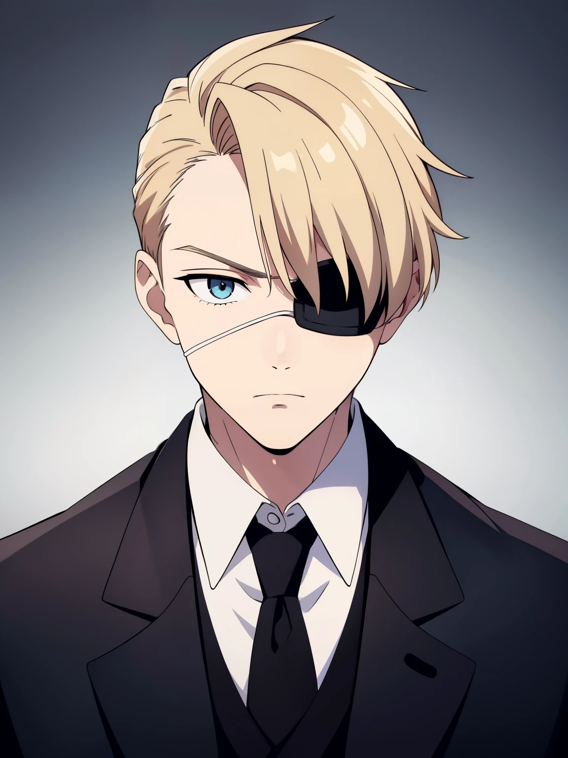 (high-quality, breathtaking),(expressive eyes, perfect face) portrait, 1boy, male, solo, adult man, Symmetrical Eyes, age late 30's, blonde hair, light browneyes, stylized hairstyle, looking at viewer, portrait, neutral expression, black trench coat, white shirt, black vest, belt, black pants, grey background, slender build, medical eyepatch
