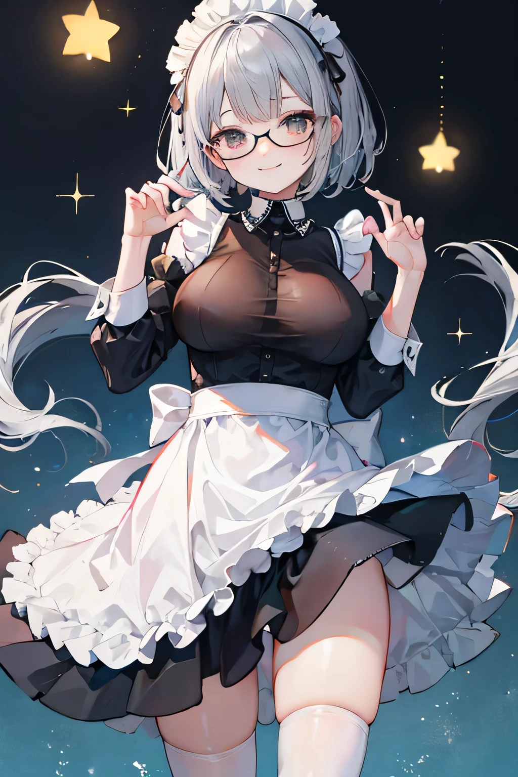 (  Masterpiece  ), (                top quality), (             super detailed),    Slender woman 、、(((Big Breasts、  Maid Wearing Glasses       、      black maid clothes 、    Sleeveless Maid Outfit     、         white apron dress  、             black stockings      、                         Mini Skirt、              Silver Hair、            Bob with Bangs          、Even bangs、   Full of bangs          )))、smile 、(((   Pose cheerfully 、smile、  viewers   )))     、#woman、transparent        BODY STOCKING      
see-through,       BODY STOCKING      