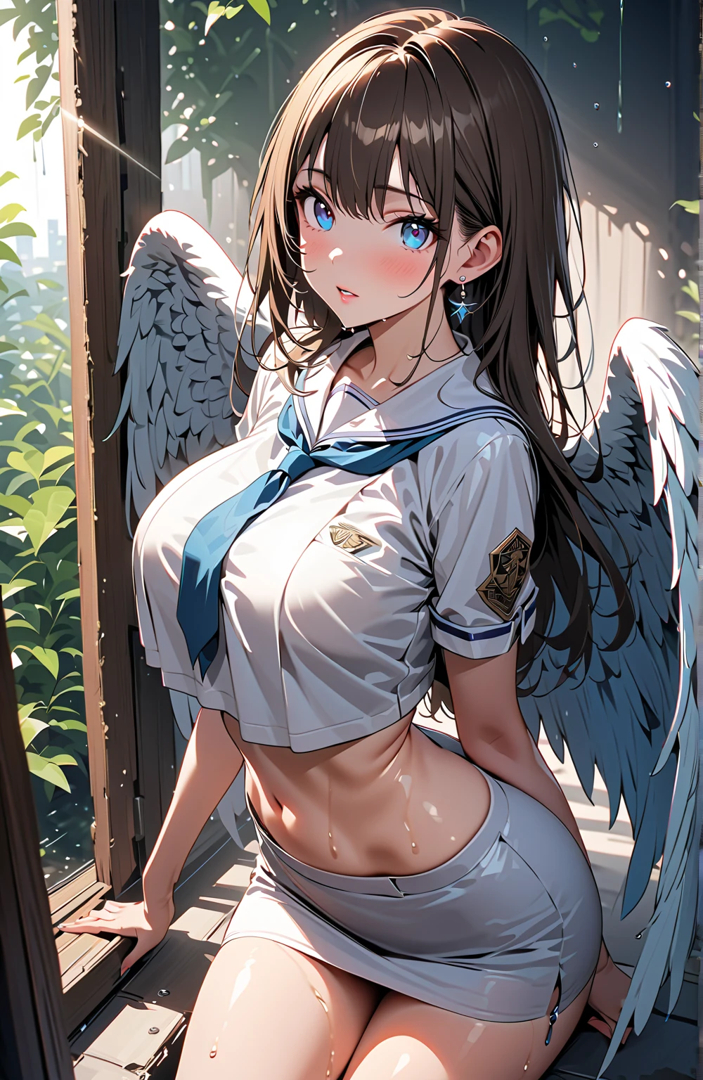 (((Masterpiece))), unique art, super detailed, 1girl, (sailor Sensei costume), ((super cute face)), ((angelic face)), kawaii mini wings, ((incredibly beautiful eyes)), (glowing eyes), (full body), (multicolored hair), (high ponytail), (delicate and perfect hands), (perfect anatomy), super delicate and sexy body, sexy pose, pigeon-toed, ((ulzzang)), (super thin face), delicate features, ultra detailed, best quality, cinematic lighting, Captivating beauty, sexy look, girl room scenery, gradient scenery, highly detailed