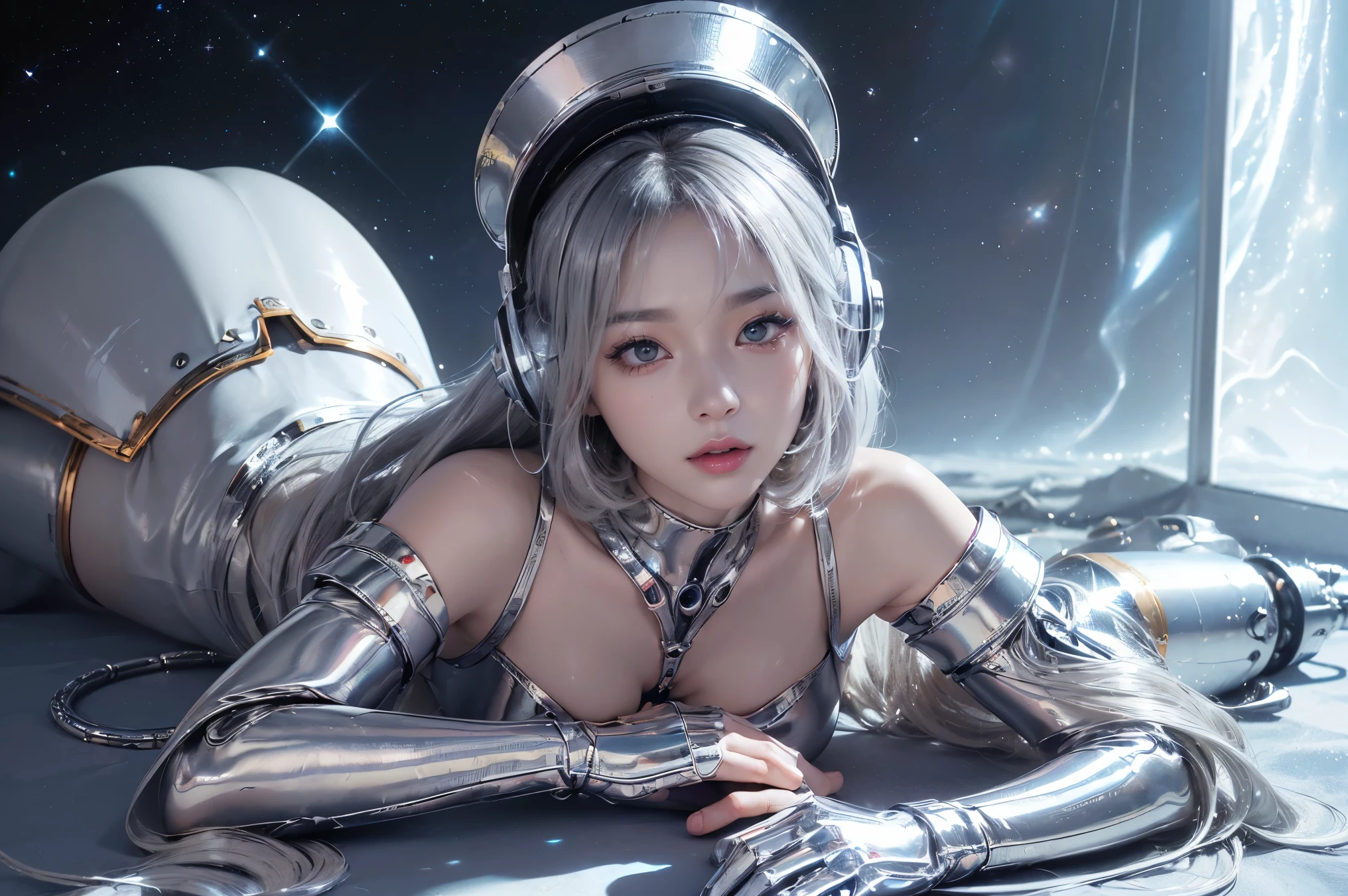 Seductive woman who is delighted　There is a friendly white wolf　Perfect beauty　Beautiful white skin　Beautiful eyes　Lustrous lips　lovely smile　White hair　He wears a thin spacesuit designed in white and black that sticks to his body.　Functional　head phone　Inside the spacecraft