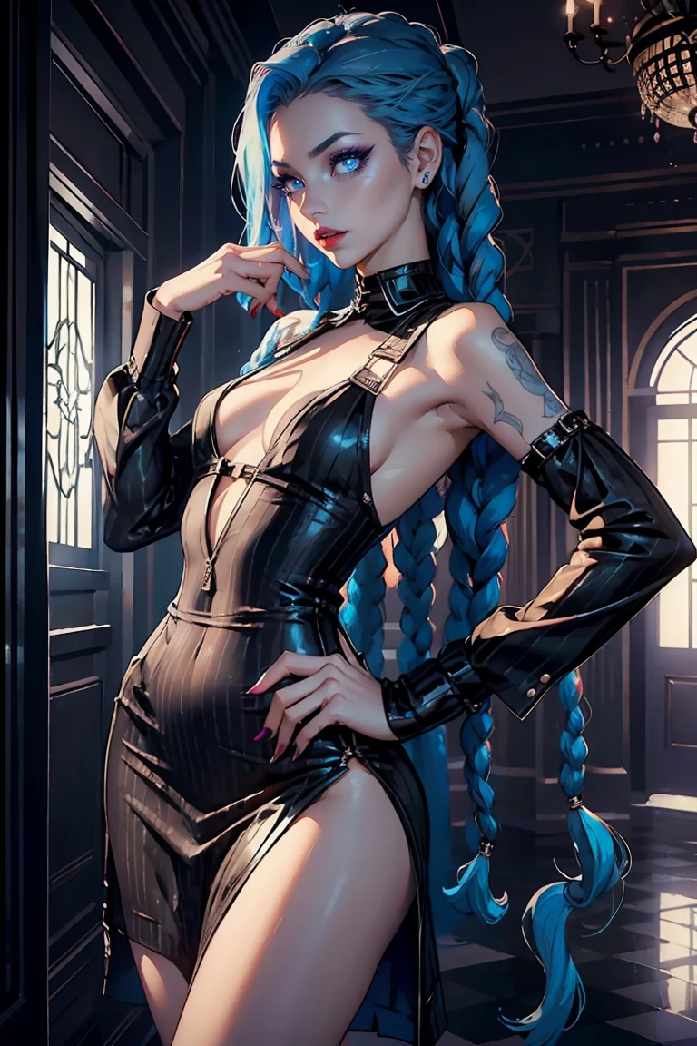 Goddess ((goddess-like woman)), slim elegant silhouette, masterpiece, best quality, sweet face, (masterpiece: 1.2, best quality), (real picture, intricate details), (1 lady, solo, medium tits, small waist, ), ((Jinx/LOL)), beautiful face, kissable lips, very long blue hair, Braided hair, two long braids, (very long blue hair), Blue hair, Blue glowing eyes, glowing eyes, crazy eyes, she has an impressive presence, beautiful face, perfect makeup, Beautiful Eyes, big eyes, she looks at the viewer,   she is wearing a black white Houndstooth Retro Wool Dress, Businesswoman, dressed appropriately for work, she is an executive, tw00lj4ck3t, short dress, Houndstooth pattern, see-through, long sleeves, black white checkered dress, sweet irresistible smile, elegant pose, elegant hands, beautiful hands, perfect fingers, A woman in a black and white checkered short dress and heels, background: bright oriental room,bokeh,