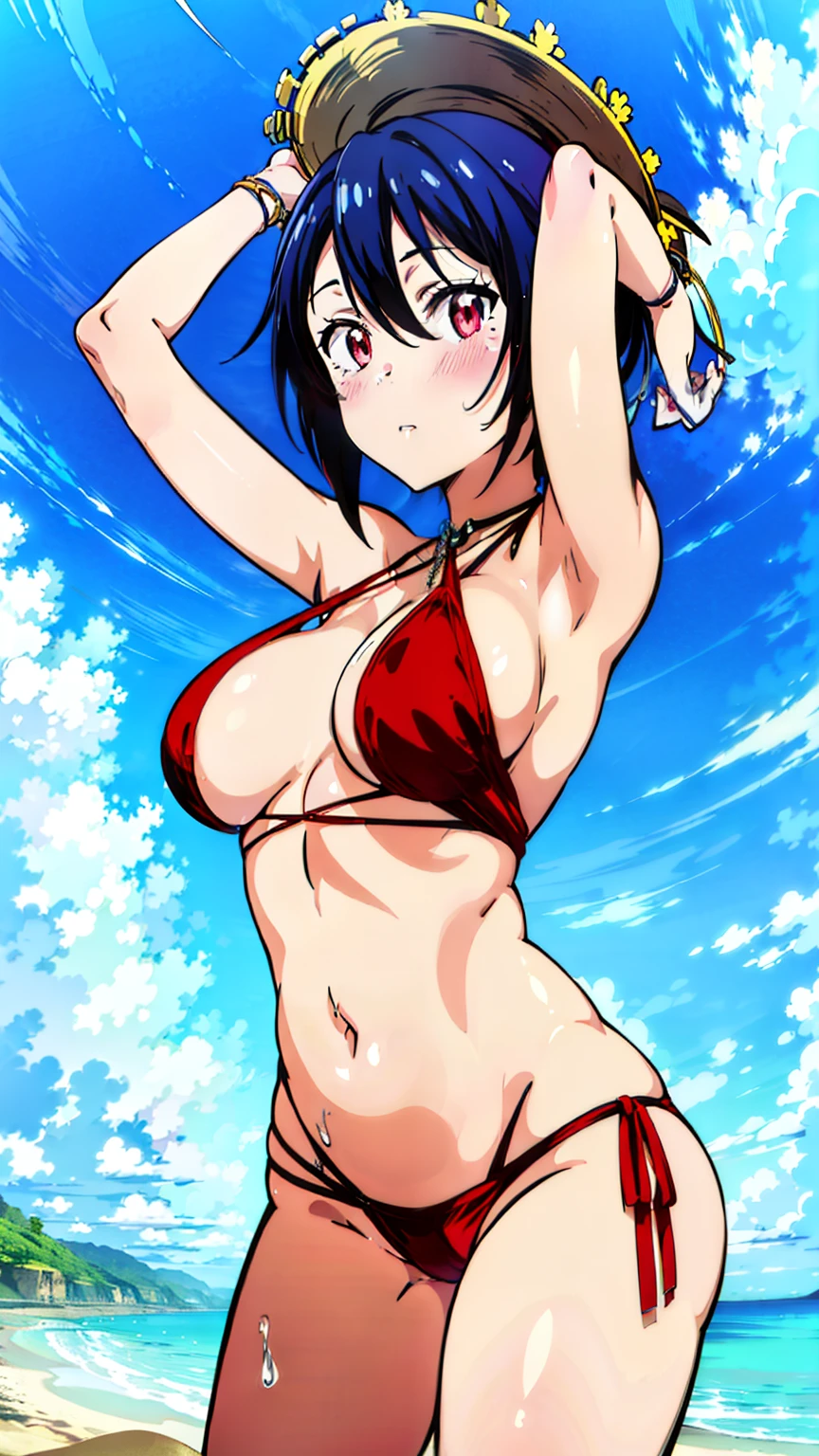 (Best Quality, 8K, High Resolution, Masterpiece: 1.2), High Definition, Anime Art Style, (anime coloring), Solo, Girl, (sling bikini top, blush, beach), large medium breasts, Solo, Stylish Pose, Stylish Angle, Viewing Cowboy shot in the center of the image,