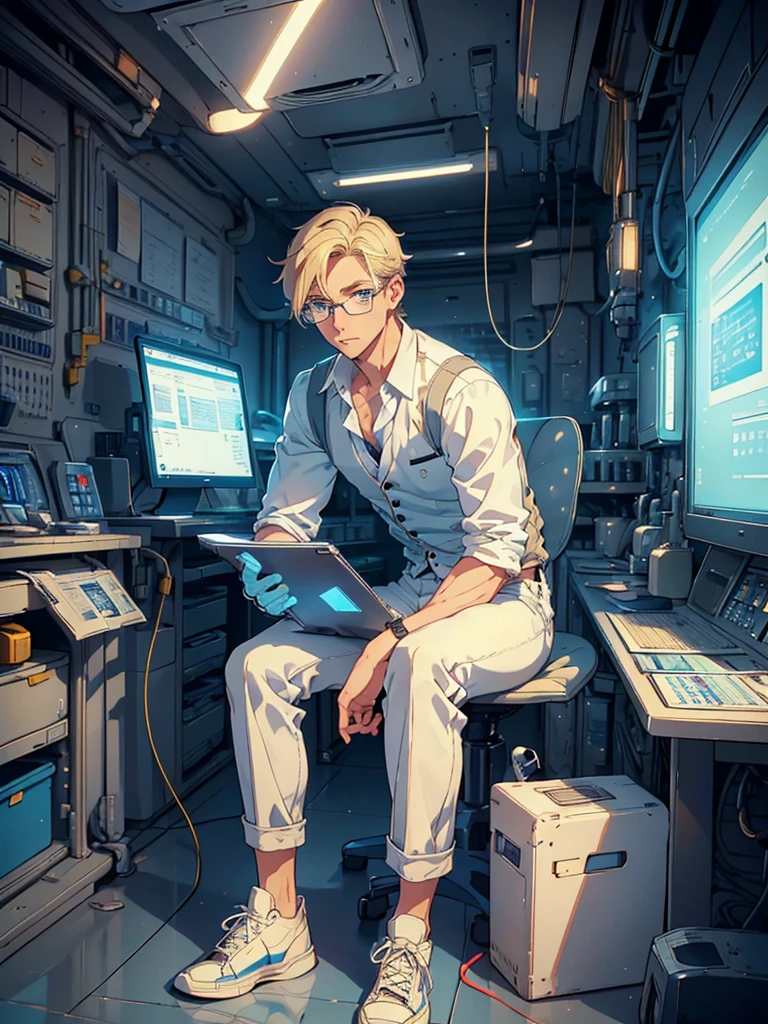 masterpiece, high quality, male, mid-30s, (full body), sitting, ((holding tablet)), tall, average looking, nerdy, short blond hair, blue eyes, (glasses), looking worried, looking sad, wearing white shirt, [(unbuttoned) waistcoat : 3], cargo jeans, wristwatch, wearing converse sneakers, (empty) futuristic lab, intricate details