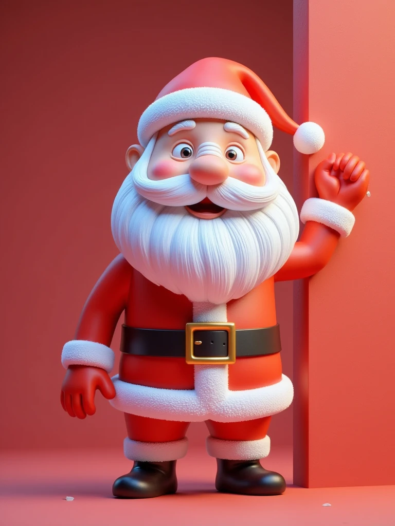 A cute Santa Claus with a white bandage on his nose peeking out from behind a red wall, against a solid color background, in a simple style with a 3D cartoon character design, using simple and bright colors, and high-definition photography to capture the cute expressions.