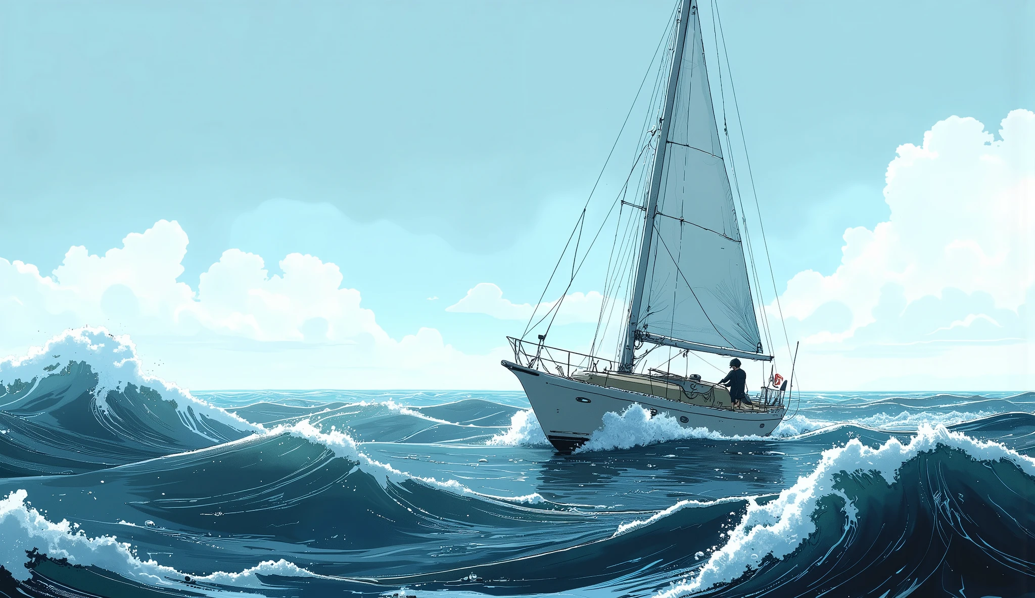  small vessel floating on the ocean、 on a yacht crossing the Pacific Ocean 、Sailing solo 、Rough seas、horizontal line