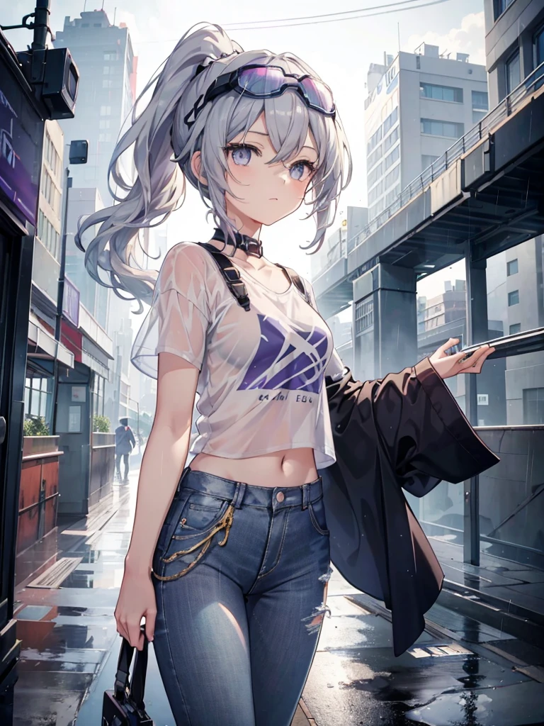 Exquisite masterpiece, best quality, illustration style, an anime girl with a curly ponytail, beautiful eyes, summer, white short-sleeved hem blown by the wind, jeans, blue-purple gradient goggles, small, heartwarming, youthful and beautiful, heroic and sassy, black and white matching, gray hair, showing a natural casual style. The dynamic posture contains the golden section, large aperture portrait, white space, strong contrast between light and shadow, super texture, super clear and concise picture, presenting extremely beautiful, elegant temperament, delicate facial expressions, city background, rainy days, road area water reflection