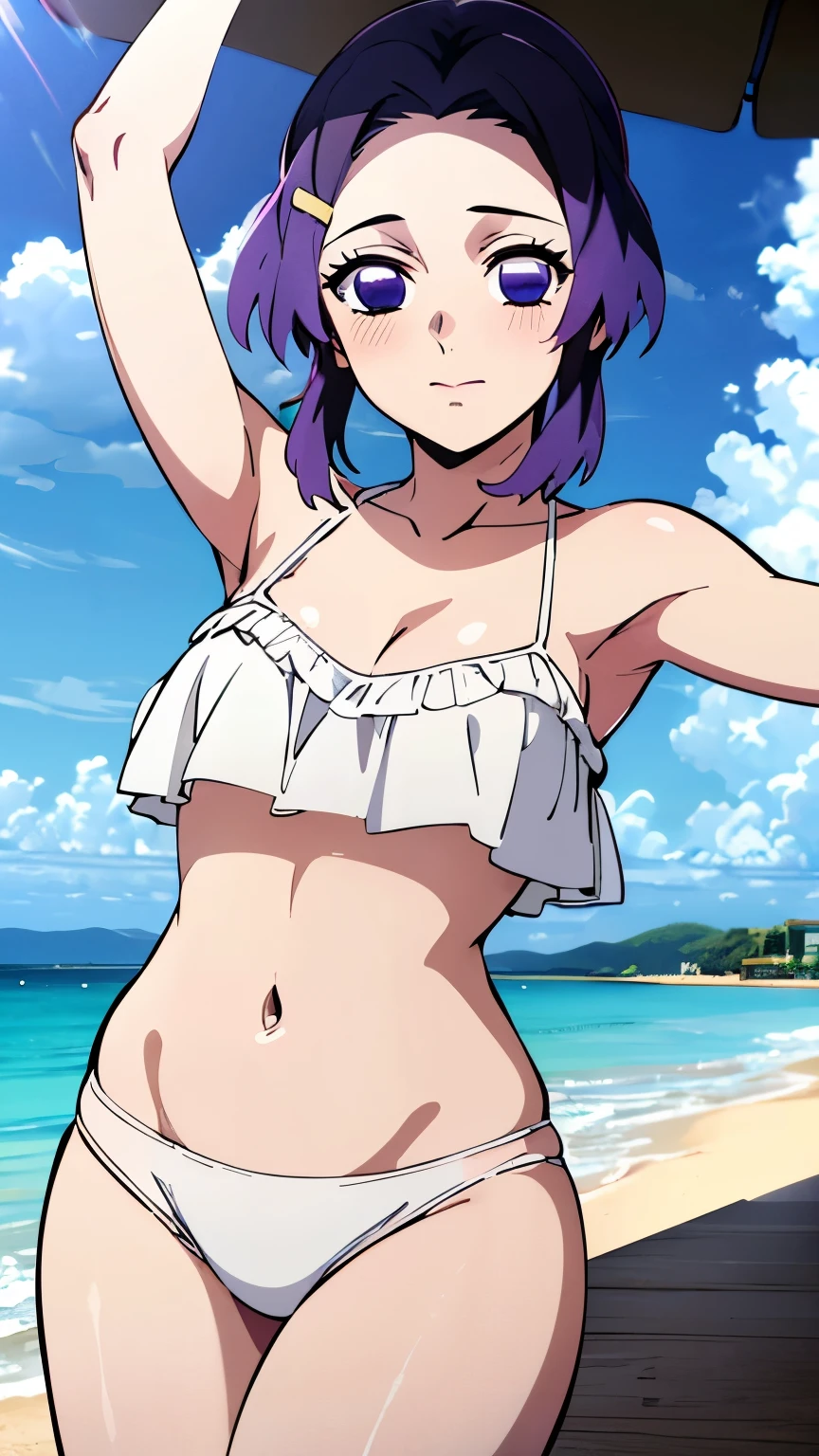 (masterpiece, best quality, high resolution, 8k:1.2), (anime coloring:1.2), 1girl, high resolution, unity 8k wallpaper, (beautiful detailed eyes:1.2), extremely detailed face, perfect lighting, extremely detailed CG, beautiful eyes, perfect eyes, detailed eyes, distinctive big highlights, symmetrical eyes, Purple Hair, Short Hair, (large butterfly hair clip), Pretty Parted bangs, purple eyes, narrow eyes, (slim:1.3), (small medium breasts:1.2),
(cowboy shot:1.2), (sexy pose:1.2), (perfect hands, perfect anatomy), solo, dutch angle, looking at viewer, nffsw, ((fl0unac3, solo, crop top, spaghetti strap, bikini, camisole, beach, blush)),