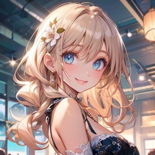 Best quality, Beautiful, scrunchy, 8 K, Very happy face, close eyes, smile with open mouth, Side body, head tilt, Sight, Obzor, slim, dress, earrings, necklace, concept