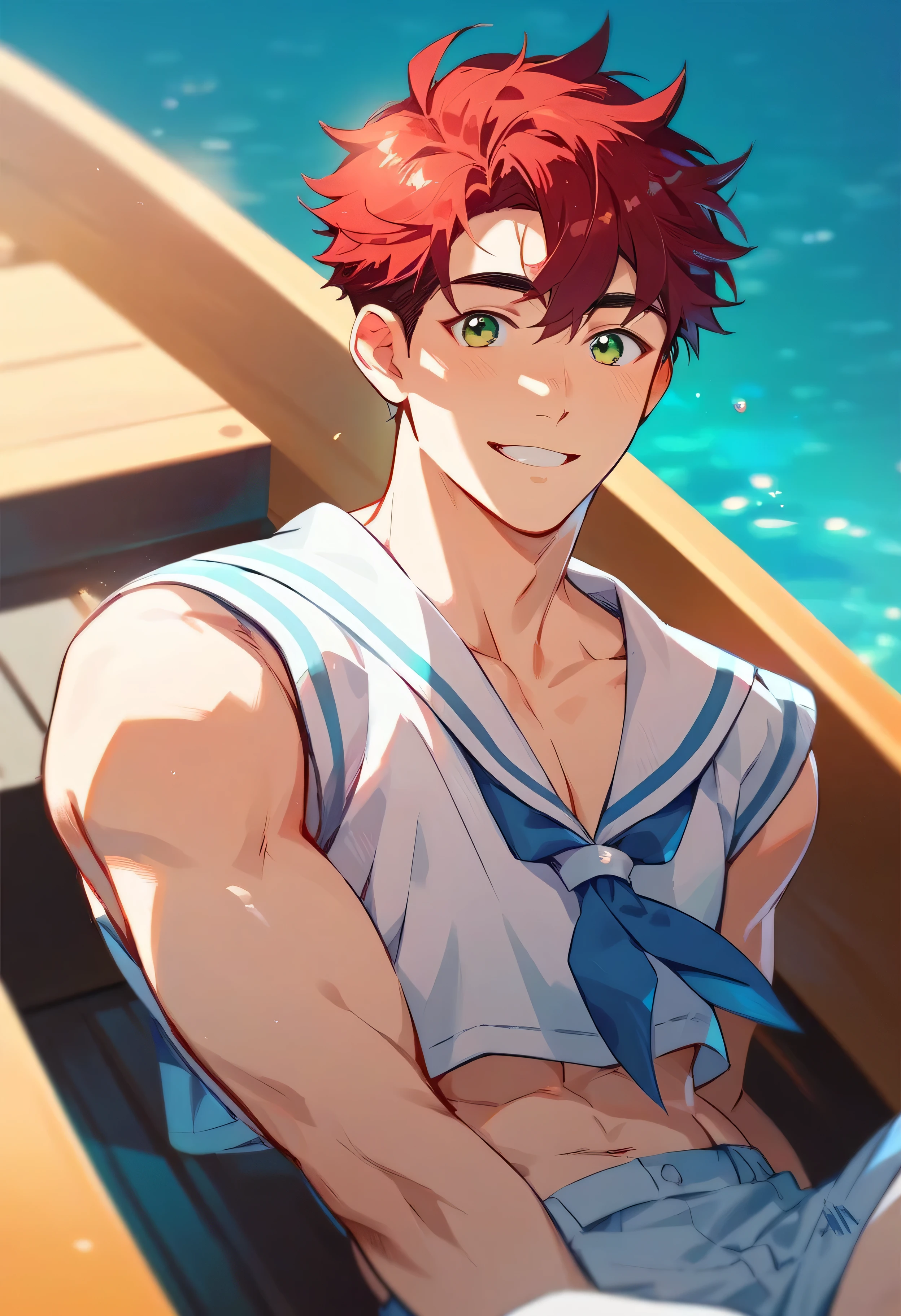 Asian boy 18 years old slim, muscular with cherry red hair, cute sailor outfit, smiles, on a boat, high quality, handsome face, green eyes Cute in sexy pose, hot