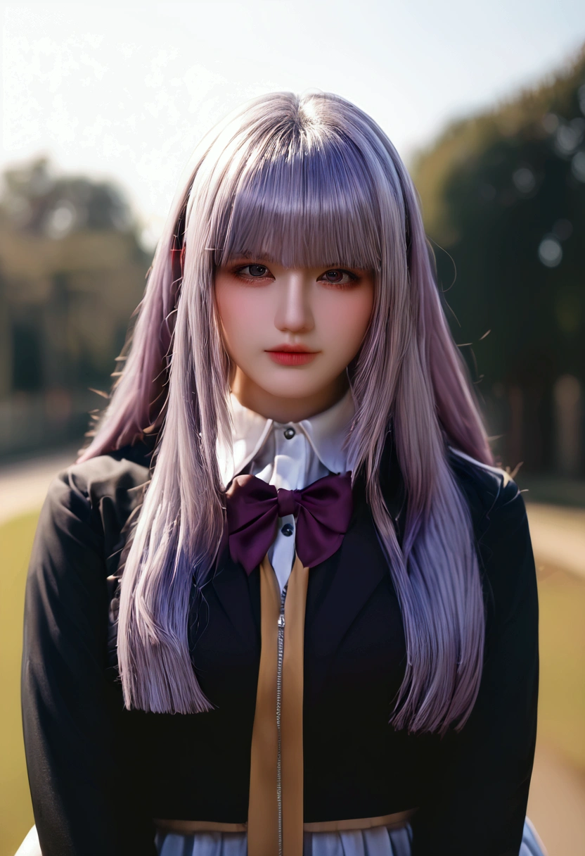 bmasterpiece、top-quality、hight resolution)、 Real life adaption for this character, Masterpiece, high quality, best lighting, cinematic, 1girl, kirigiri kyouko, purple hair, (perfect body), ((schoolgirl uniform)), looking at viewer, standing, outdoors