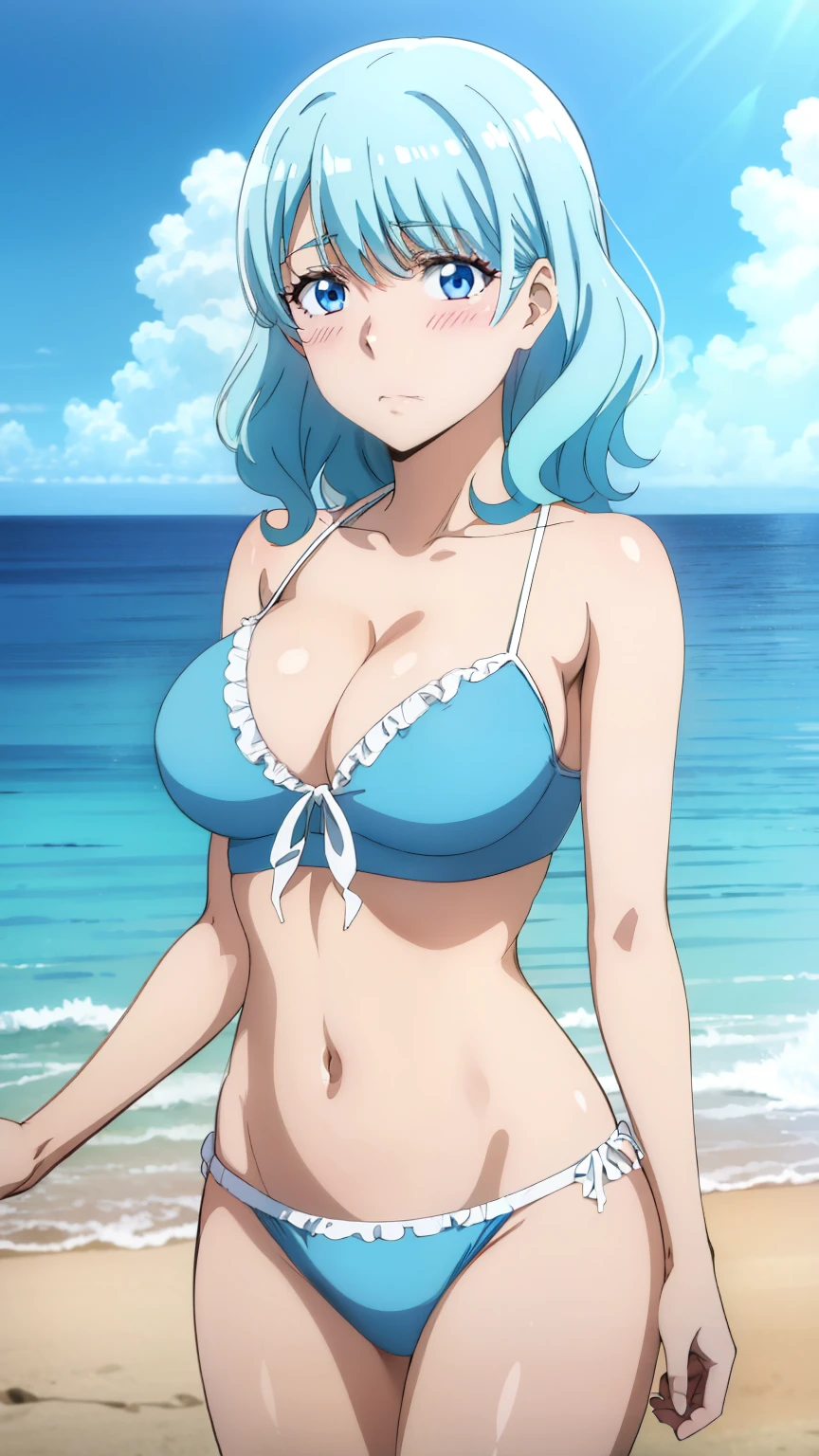 (Top quality, masterpiece, 8k), (Realistic skin texture), anime coloring, Very detailed, very detailed, beautiful eyes, perfect eyes, detailed eyes, feature large highlight, detailed face, ultra-detailed, detailed eyes, symmetrical eyes, (Dynamic angle), Sharp details, Lyria, Girl, college age, standard height, Light blue hair, Medium hair, Blue eyes, Large breasts, (fl0unac3, solo, crop top, spaghetti strap, bikini, camisole, beach, blush), (cowboy shot:1.2),