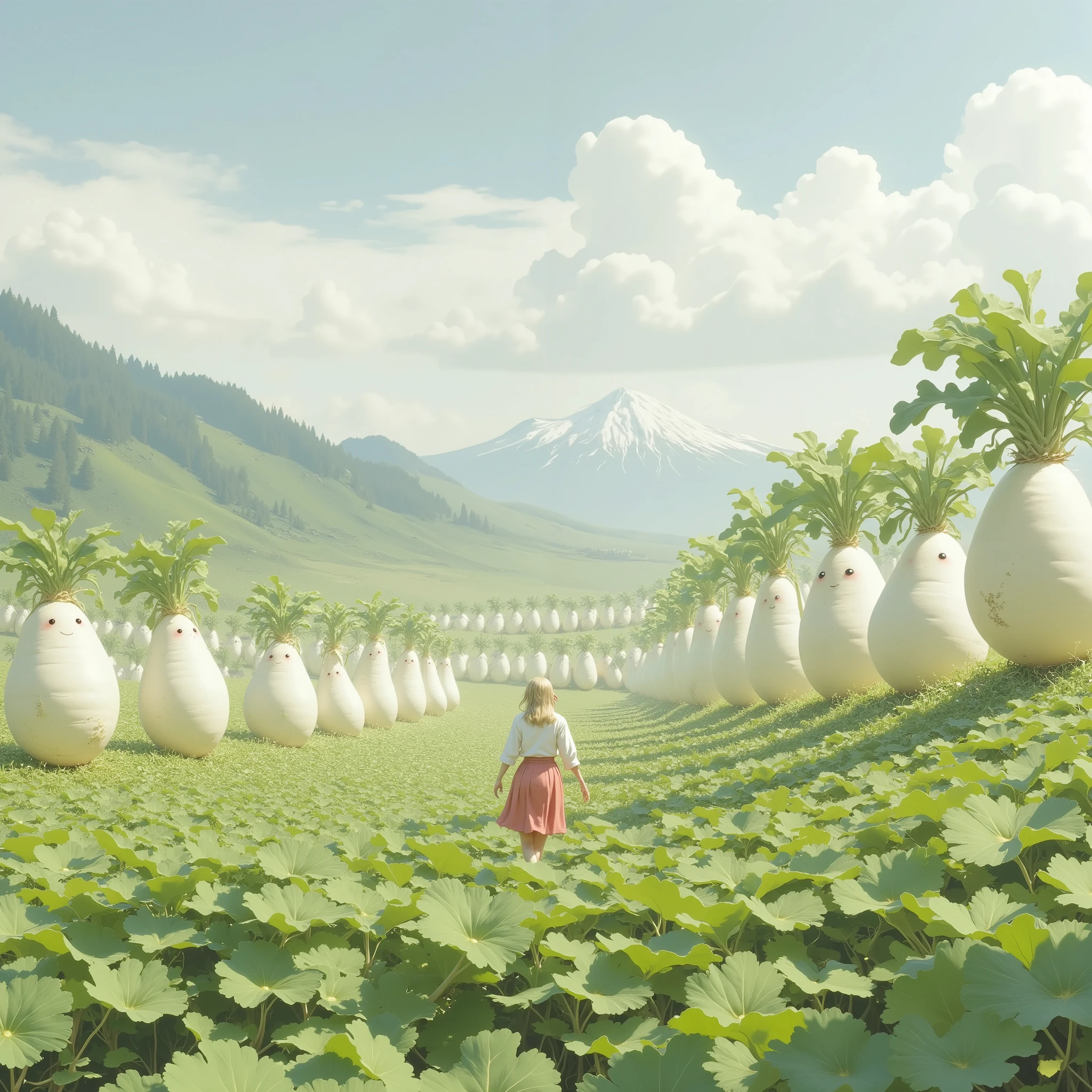  Large Daikon Radish Field 、 Woman Walking Alone、Lone traveler 、Ultra High Altitude Shot 