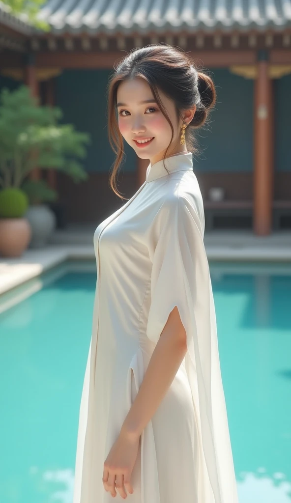 8K resolution,hyper HD,Realistic skin texture,Realistic light and shadow,Real hair,Beautuful Women,Tall figure,holy,Pure,Royal sister,look straight at the camera,beachside,warmth,Homely atmosphere,Raised sexy,sensuality,intelligence,Gentle acceptance,Real eyes,There are God's eyes,White skin,Slender fingers,An expression of happiness,Lovely appearance,Real water,summer day,High ponytail,Expose your palms