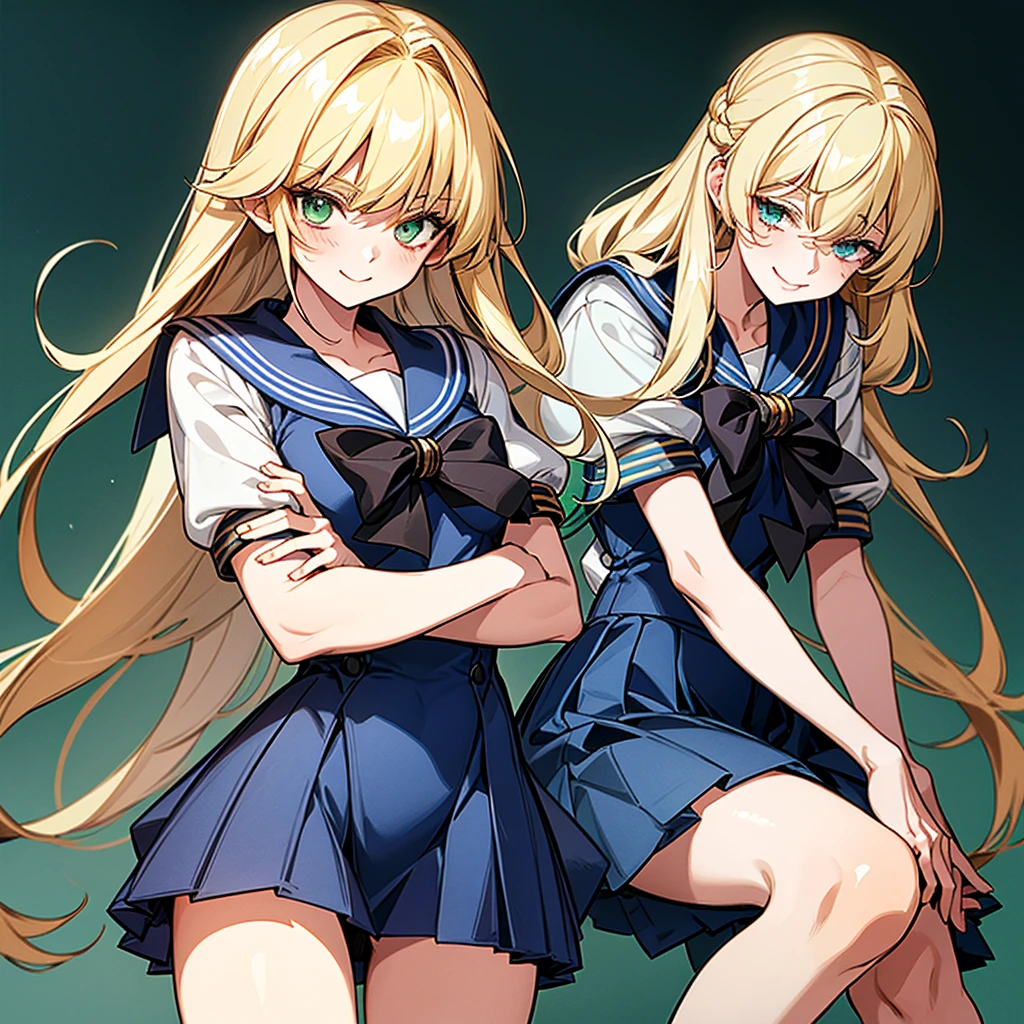 German upper class, tomboy, Naughty, cool , young lady, Blonde intake, long hair, emerald eyes.tsurime, 1939s, (((Wearing a simple sailor uniform))) in the mansion's hall, (((anime style))), arms crossed., messy hair, smileing, Ladylike and elegant