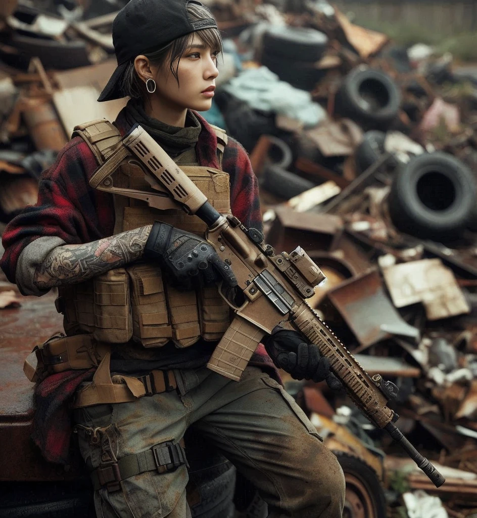 8k,Realistic Skin Texture、Realistic Photo、Neo Tokyo、Japanese women、Near future、AD2050、Dirty hunting jacket、Wearing multiple shirts and hoodies、Used automatic rifle、sneakers、Knit cap、、cold、Dynamic pose、Innovative composition、revenge、Near futureの街に不釣り合いな古びた1966年製フォード・ブロンコ、cyber punk、、