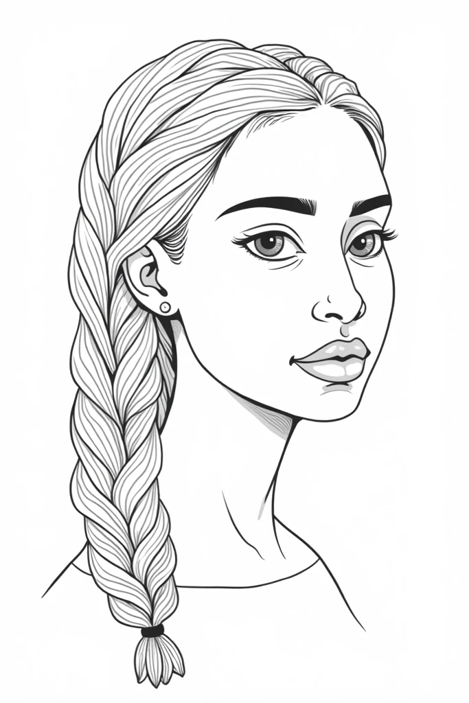 Beautiful African American coloring page, photorealism,16K realism, Hyper-realistic, bold line art, long detailed braids in ponytail with baby hair, long eye lashes, almond shape eyes, slim thick, no cleavage showing. Coloring book, line art