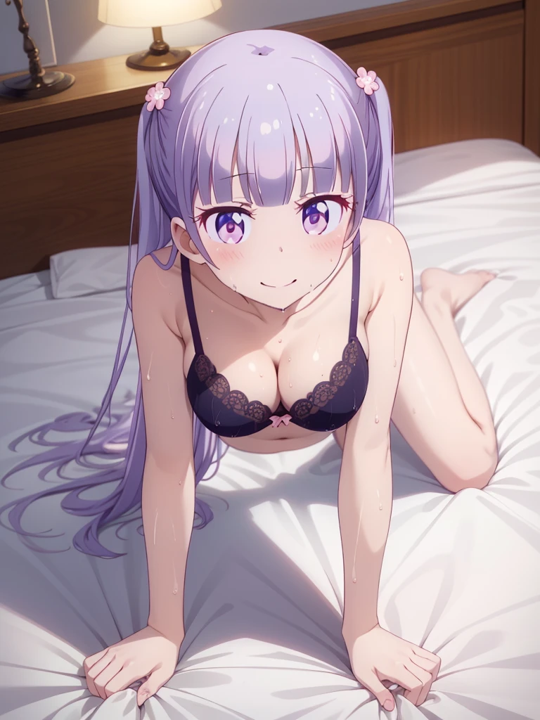 best quality, masterpiece, 1girl, solo,
<lora:suzukaze_aoba_newgame:0.5>,
rabbit ears, fake animal ears, new game!, suzukaze aoba, suzukaze_aoba_newgame, purple eyes, purple hair, long hair, twintails, blunt bangs, blunt ends, hair ornament, hair flower, playboy bunny, detached collar, bare shoulders, bare arms, collarbone, leotard, latex leotard, wrist cuffs, skindentation, skin tight, small breasts, covered navel, bare legs,
cowboy shot, leaning forward, v arms, from above, looking up, looking at viewer,
blush, smile, one eye closed, ;o, open mouth,
indoors, wooden floor