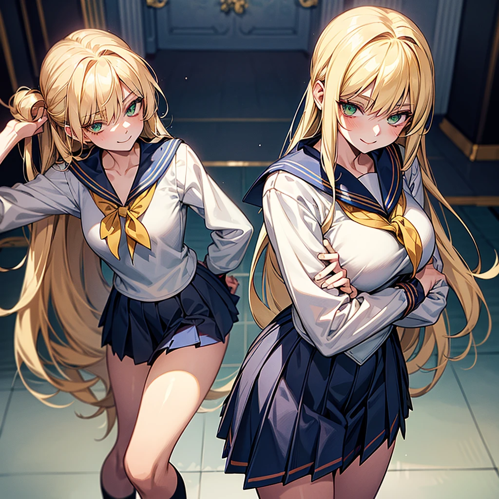 German upper class, tomboy, Naughty, cool , young lady, Blonde intake, long hair, emerald eyes.tsurime, 1939s, (((Wearing a sailor uniform))) in the mansion's hall, (((anime style))), arms crossed,standing,messy hair,smileing,Ladylike and elegant