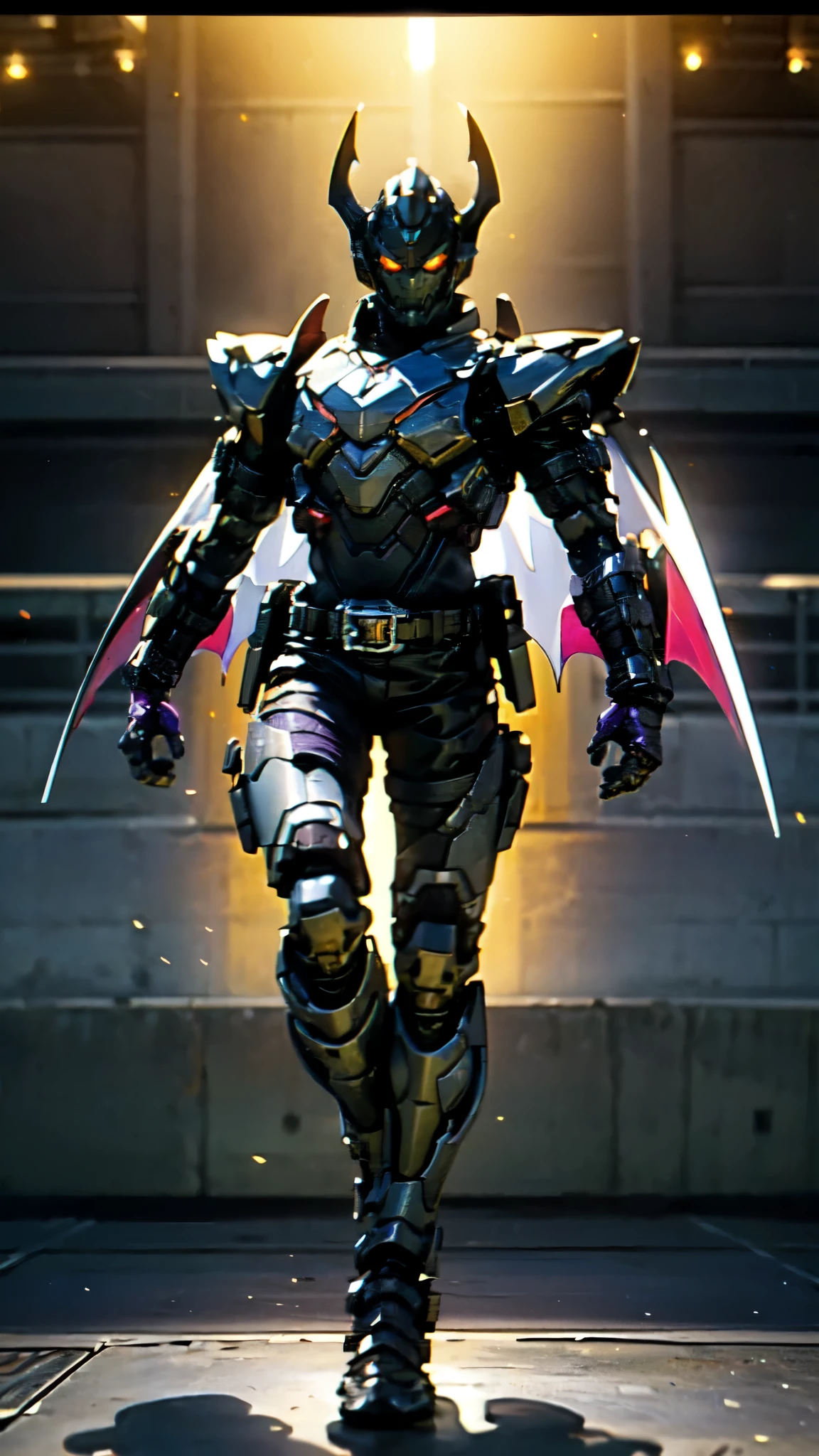 (masterpiece:1.5, best quality:1.5, extremely delicate:1.5), ((male:1.5)), a man wearing a full-face helmet, high-tech biomimetic armored combat suit, (a composite layered chest armor), the design balances heavy with agility, fully enclosed shoulder guards, matching arm and leg guards, a belt of gemstone, (the color scheme is primarily Red with Purple and Yellow accents, Organic Biotech, Concept Inspired by Vampire, glowing eyes, armor glows, huge cloak like devil wings), stand of a futuristic sci-fi city, this character embodies a finely crafted fantasy-style armored hero in anime style, exquisite and mature art style, metallic, high definition, highres, ultra-detailed, ultra-fine painting, professional, perfect body proportions, golden ratio, anatomically correct, symmetrical face, extremely detailed eyes and face, high quality eyes, creativity, RAW photo, UHD, 32k, Natural light, cinematic lighting, (masterpiece-anatomy-perfect:1.2)