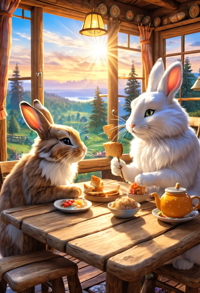 A cute rabbit furry and a cute cat furry having breakfast, sitting at the table and looking like they're having fun, log cabin, sunrise, This is cute fantasy art that looks like a fairy tale picture book, ultra detailed, absolutely resolution, masterpiece