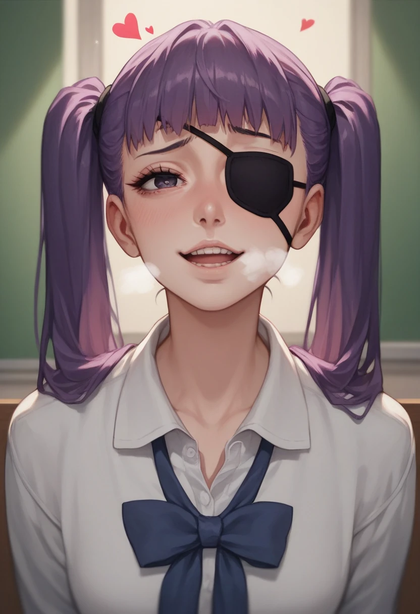 Saitou Furoufushi, Female 1 person  ,   yandere,  Viewers,  intense breathing at gang's retreat  , Students are hearts, purple hair, twin tails,I'm wearing an eyepatch for my left eye, hotel interior,The pupils are hearts,, full body is shown, take a closer look, 