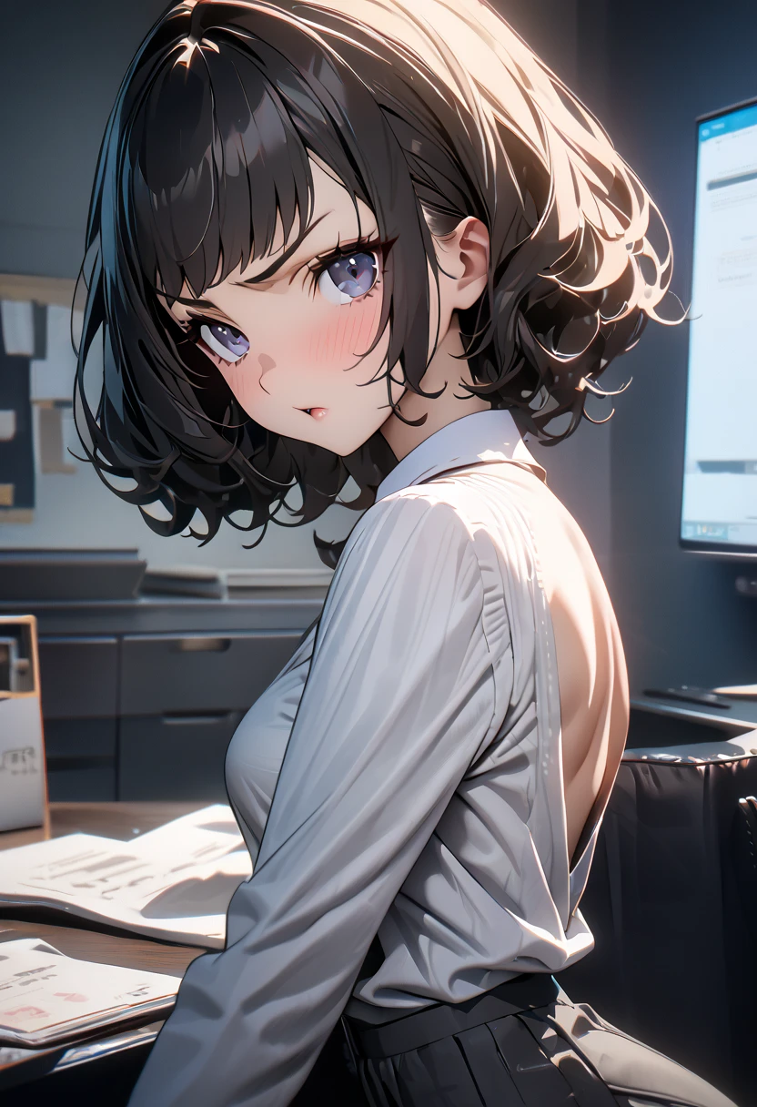 ( top quality, 8k, 32K,  Masterpiece  ,  super high resolution:1.2),  one girl,  beautiful Japanese woman ,  Thin Waist, grey suit,  white shirt, OL,  suit pants,  chest hanging from behind ,  office room, PC sticking out butt:1.2),  detailed face , ,,(High Quality, Vivid Colors, Studio Lighting)(High Resolution, Ultra High Resolution), road、、Black Hair　、(( back view)) A face looking back、get angry
