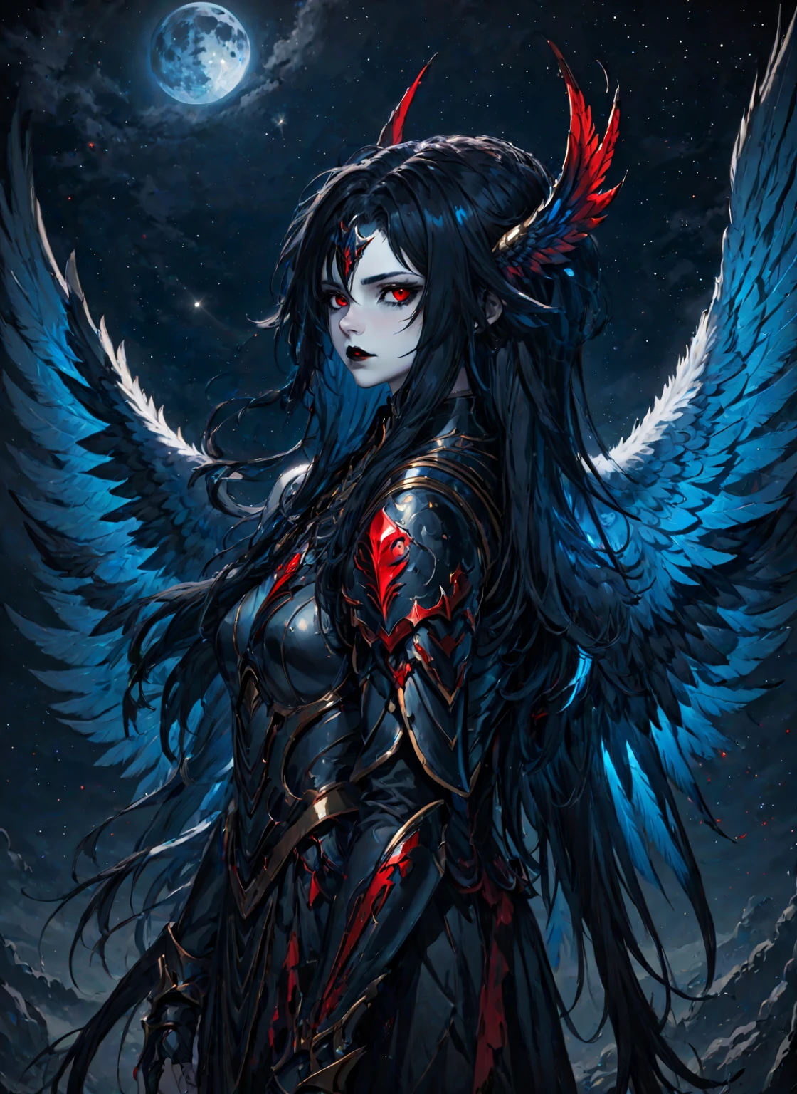 1girl,  solo,  non metal armor, bloody wings, red accents , male focus,  black hair,  black lips,  blue skin,  endsinger,  fantasy,  head wings,  long hair,  looking at viewer,  night,  night sky,  orb,  pale skin,  pointy ears,  wings, 