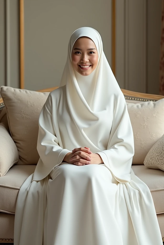 Create a realistic picture of a beautiful woman, clean white skin, sharp nose, Indonesian face, wearing a neat long white hijab, white Islamic Muslim clothing, wearing white sneakers. facing forward. hands cupped in front of chest. background of a cupboard full of books.