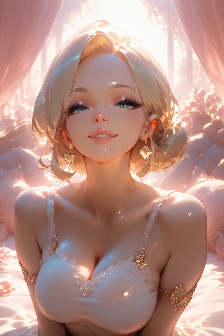 (highres, realistic:1.37), beautiful detailed eyes, beautiful detailed lips, longeyelashes, curvy figure, confident smile, elegant pose, vibrant colors, regency era, bokeh, oil painting style, soft lighting, romantic setting, blooming flowers, flowing dress, graceful movement, delicate features, alluring gaze
