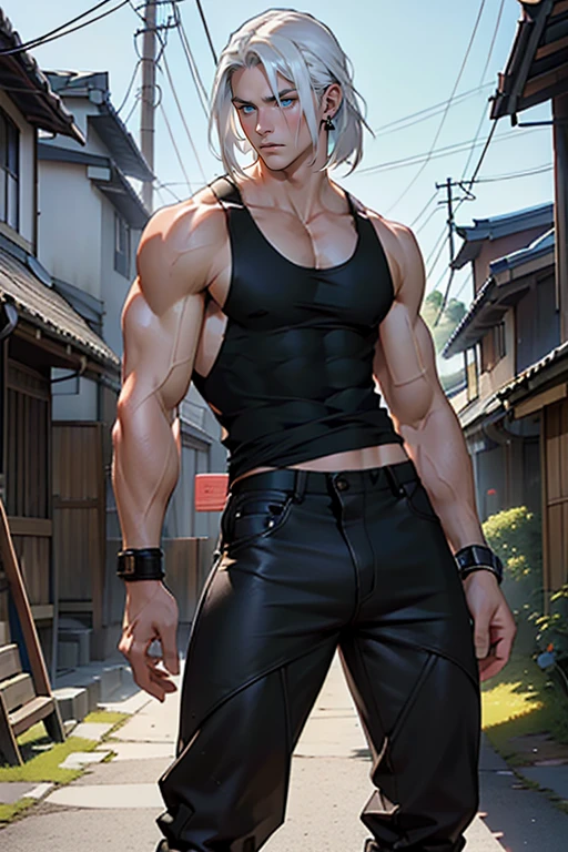Man with chiseled physique, sharp youthful face,long white hair, golden cat eyes, black leopard tattoo, bare upper body, japnese pants, dominating, intimidating, air of supremacy, looking down, snowy background