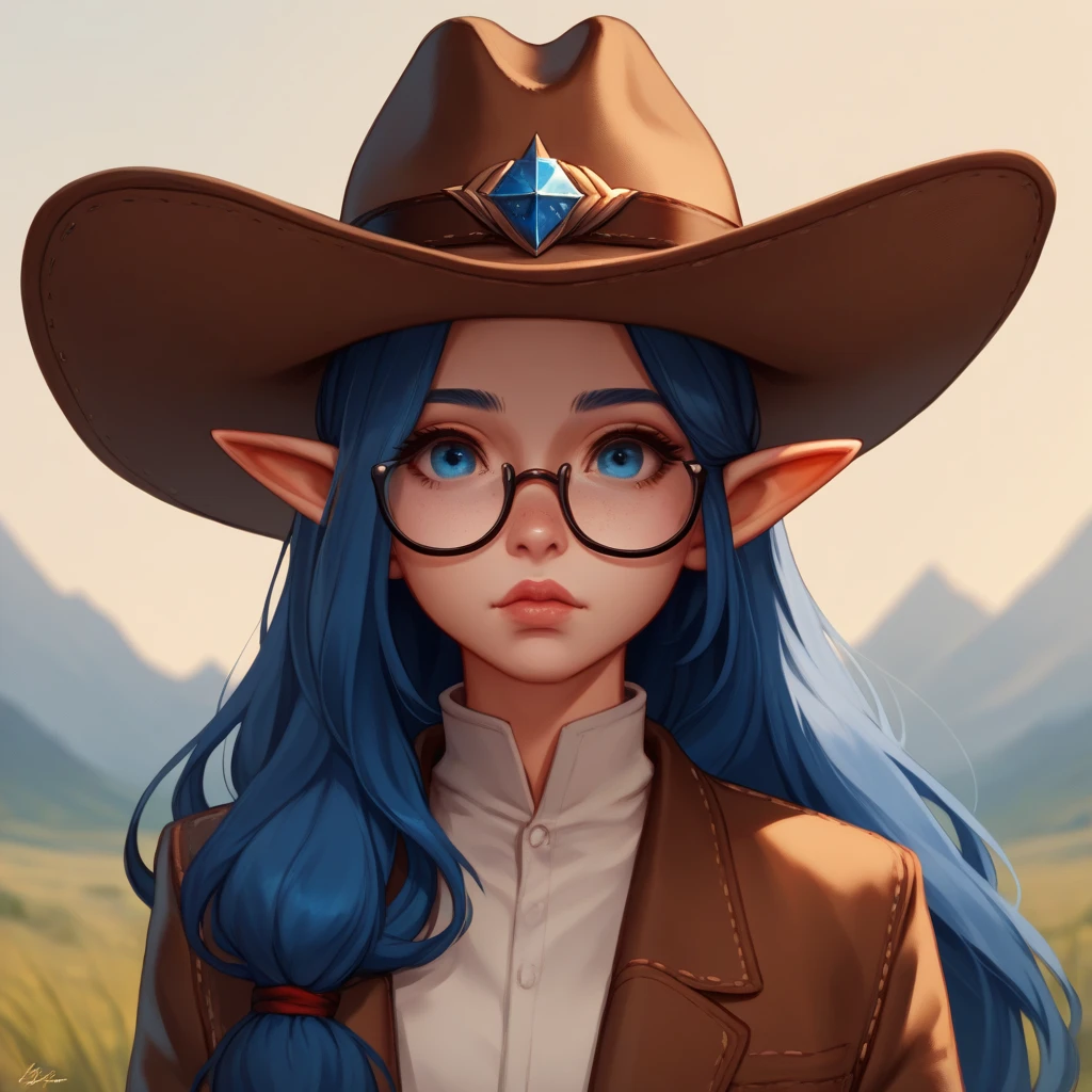 portrait, 1woman, cute woman, adult, soft face, young, wearing glasses, very dark blue hair, darker hair, much darker hair, longer hair, small elf ears, lips, sapphire blue eyes, in the mountains, cowboy hat