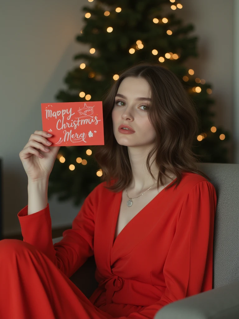 一个beauty的女人留着长发， with a bow in her hair ，Sitting in front of a Christmas tree ， holding a Christmas card in her hand ， wearing a red full-length dress ， facing the camera ，beauty，Soft candlelight，Knees up，Velvet，Relax，dslr，bedroom，Long lens（LS）， Best Quality，Proportion