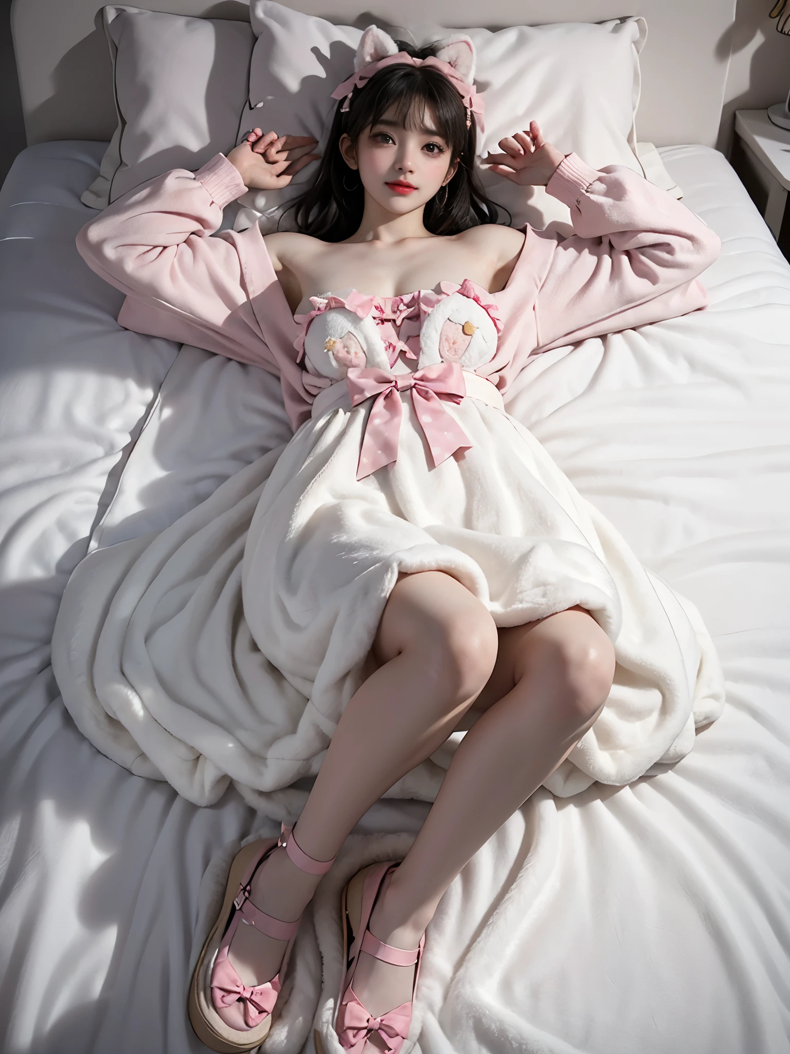 cyb dress,rabbit dress,white dress,rabbit skirt,shirt,animal print shirt,long sleeves,bow,pink bow,rabbit ears,rabbit print, (full body shot:1.4), (complete figure from head to toe:1.3), masterpiece, best quality, realistic gorgeous woman, (lying back on bed:1.3), (hips at bed edge:1.2), (buttocks resting on edge of bed:1.2), (legs fully visible:1.3), ((single bare shoulder)), (Full breasts, visible cleavage), (The hemline is short, revealing sexy, slender legs), (legs naturally extended from bed to floor:1.4), upper body reclined back, (supported by elbows on bed:1.3), looking up, (photographed from high angle showing entire body:1.3), (bird's eye view:1.2), (full body composition:1.3), (wide shot:1.2), soft ambient lighting, (photorealistic:1.3), detailed facial features, natural skin texture, 8k uhd, professional photography