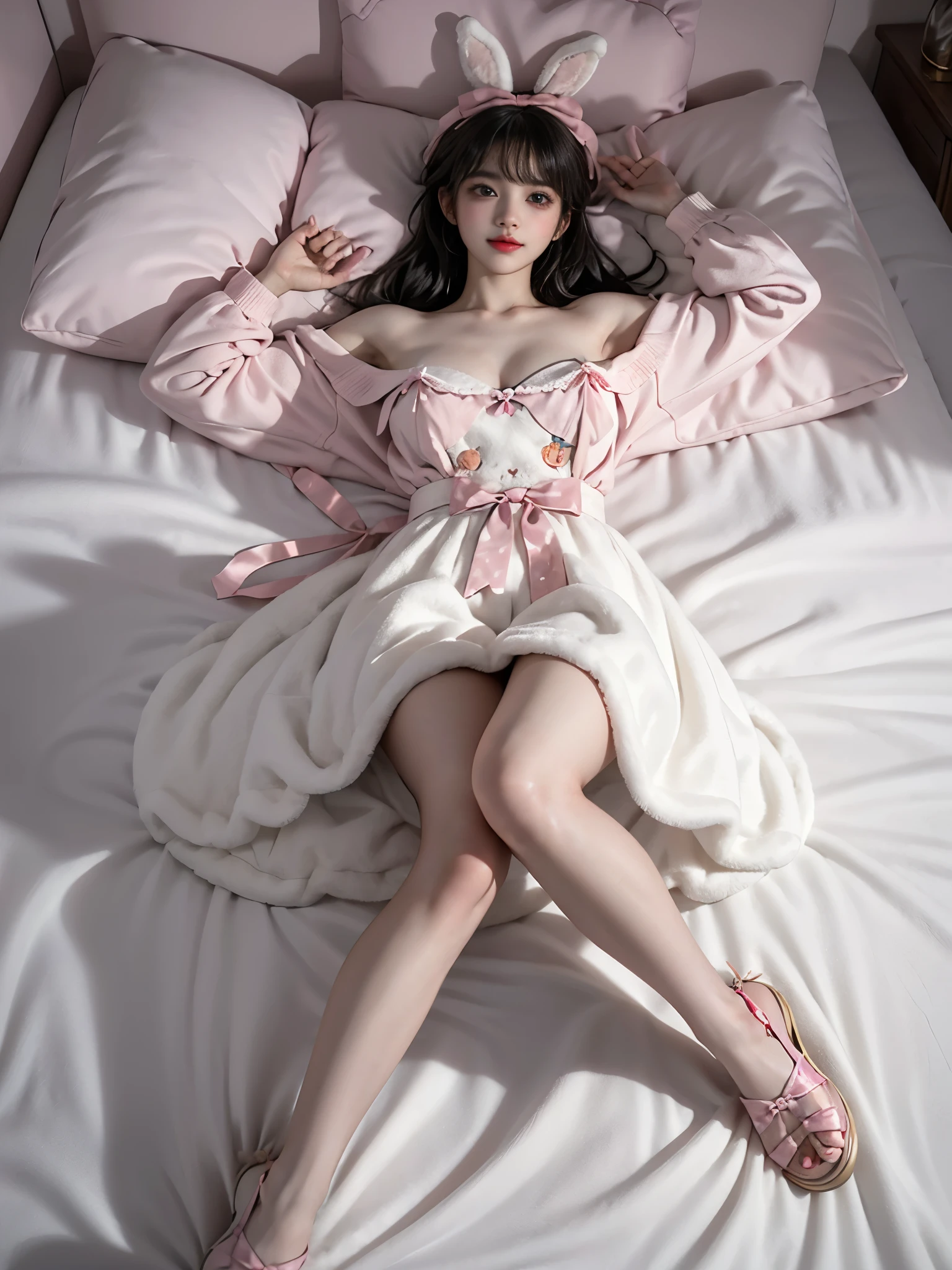 cyb dress,rabbit dress,white dress,rabbit skirt,shirt,animal print shirt,long sleeves,bow,pink bow,rabbit ears,rabbit print, (full body shot:1.4), (complete figure from head to toe:1.3), masterpiece, best quality, realistic gorgeous woman, (lying back on bed:1.3), (hips at bed edge:1.2), (buttocks resting on edge of bed:1.2), (legs fully visible:1.3), ((single bare shoulder)), (Full breasts, visible cleavage), (The hemline is short, revealing sexy, slender legs), (legs naturally extended from bed to floor:1.4), upper body reclined back, (supported by elbows on bed:1.3), looking up, (photographed from high angle showing entire body:1.3), (bird's eye view:1.2), (full body composition:1.3), (wide shot:1.2), soft ambient lighting, (photorealistic:1.3), detailed facial features, natural skin texture, 8k uhd, professional photography