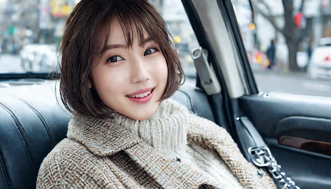 masterpiece,  top quality, Illustration,  ultra detail,   fine detail,  high definition , 8k wallpaper,   perfect dynamic composition  , Beautiful detailed eyes , women's fashion winter, bob hair, middle of chest,  natural color lip,  bold sexy pose to seduce the person in the front seat ,smile,Harajuku、24 year old girl、cute、 sexy shot looking at the camera