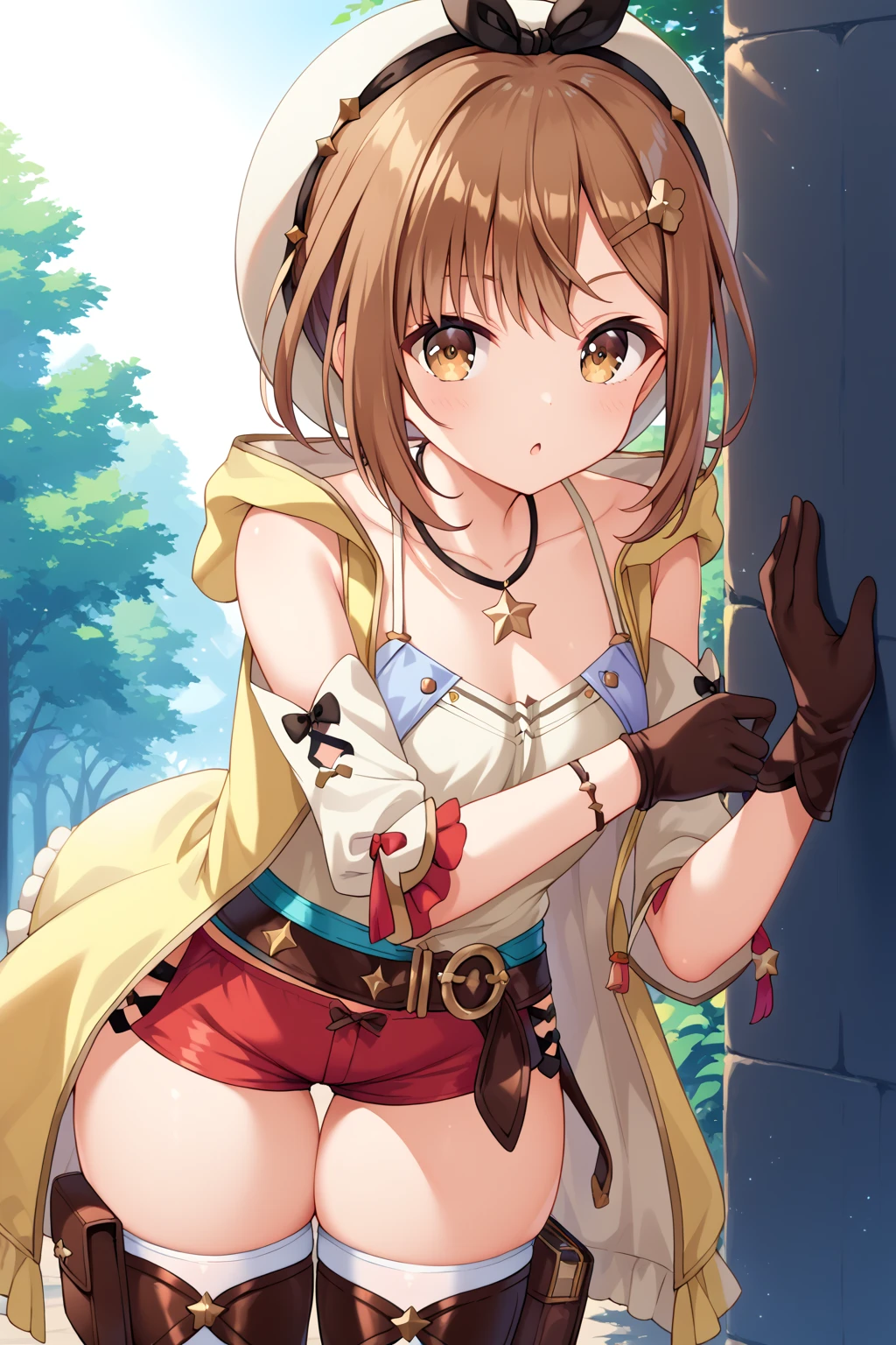 reisalin stout, short hair, brown hair, hair ornament, brown eyes, hairclip,
thighhighs, gloves, hat, jewelry, jacket, thighs, shorts, belt, necklace, star \(symbol\), short shorts, white headwear, brown gloves, single glove, yellow jacket, red shorts, leather, sleeveless jacket, star necklace, leather gloves, (loli)、leaning forward、シャツを開ける、bare breasts