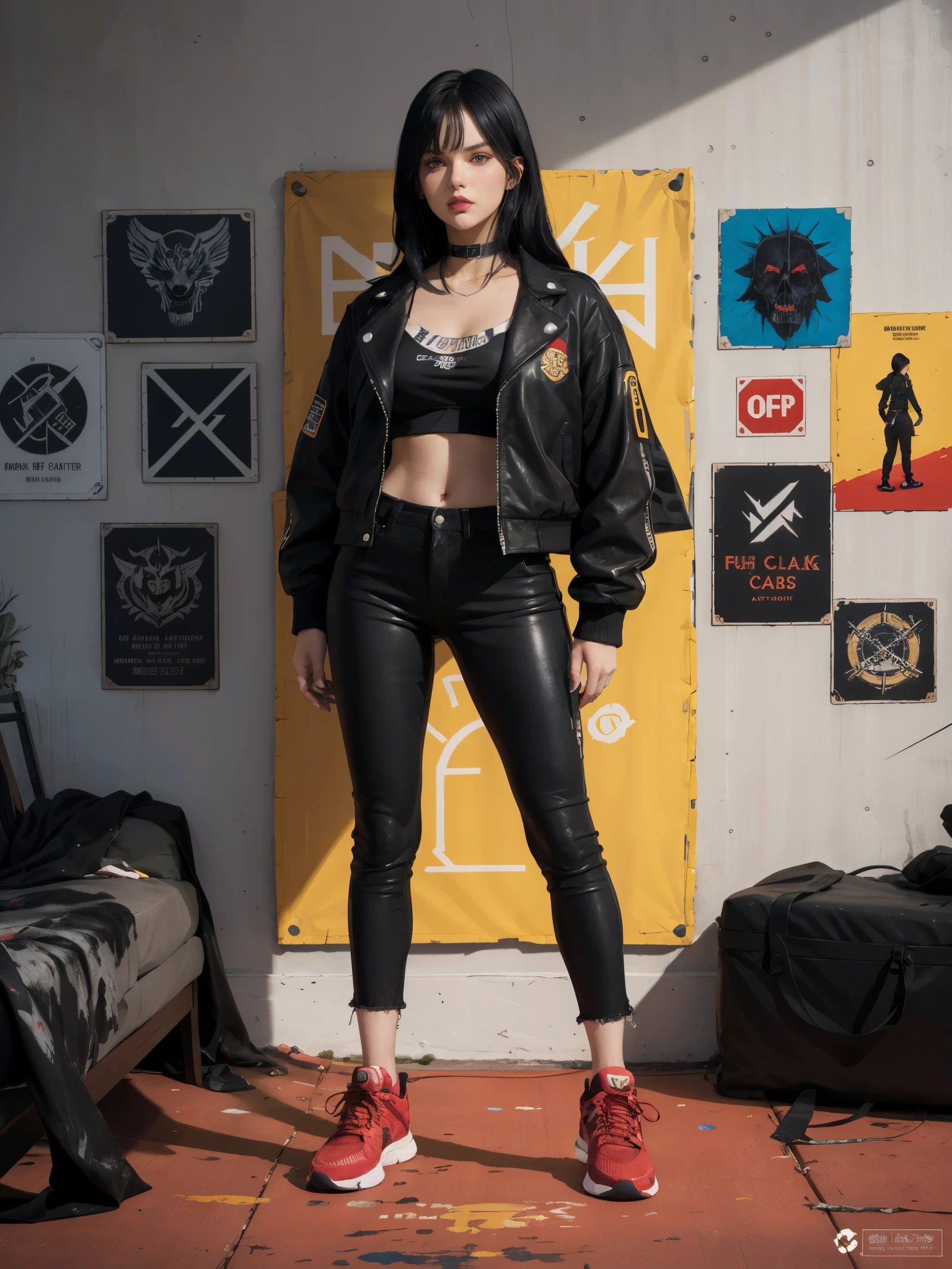 girl, full body, standing, striking colorful jacket, patches, multiple patches, various logo, pins, symbol, textual elements, wall, wall of fame, red carpet, various logo, symbol, design elements, sneakers, black hair, attractive, dark fantasy, crafting, painting, tight black leather choker,