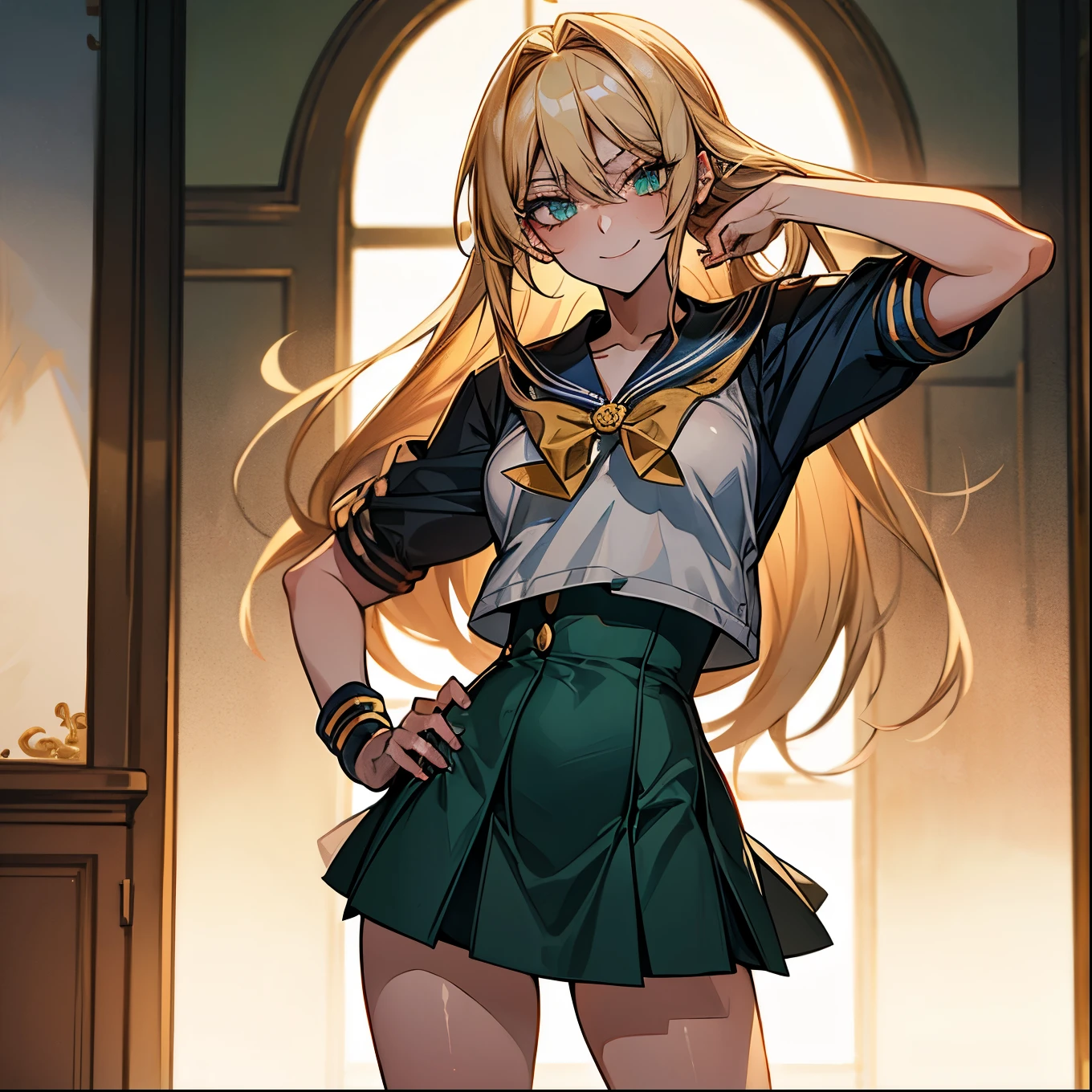 German upper class,tomboy,Naughty,cool,young lady,Blonde intake,long hair,emerald eyes.tsurime,1939s, (((Wearing a sailor uniform)))in the mansion's hall, (((anime style))), arms crossed,standing,messy hair,smileing,Ladylike and elegant