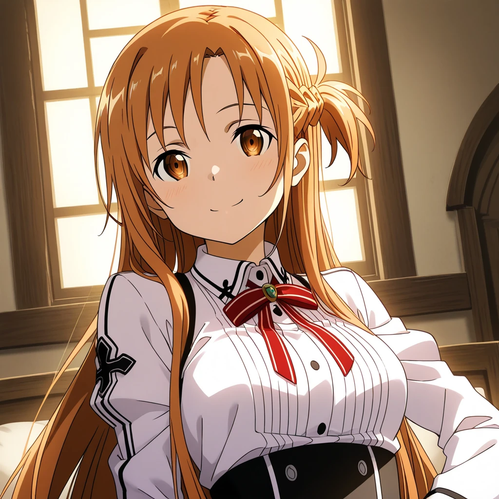 Asuna Yuki(Sword Art Online), dynamic angle, long bronze hair,Braid,brown eyes,fine eyes,big chest line,roll forward,armature,chest flap,long sleeve white shirt,removed sleeve,red and white skirt,pleated skirt,lively,Her thin legs are so cute.,very beautiful long legs.,white thighs,garter,perfect body,lively,Are standing,in the bedroom ,(((on the bed))),((skirt lift)), white lace panties,NSFW,kneel down,1 person、1 personの女の子