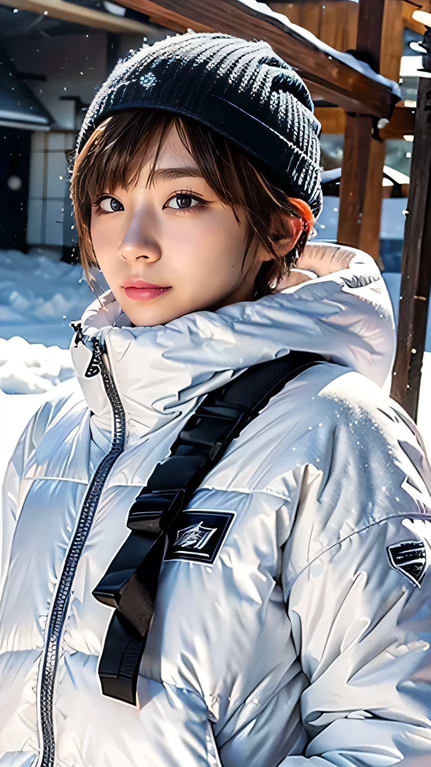 , Long blown by the wind [Blue-black:.3] hair,View your viewers, (masterpiece:1.3), (8k, Realistic, RAW Photos, Highest quality: 1.4), Japanese, (One girl), Beautiful Face, (Realistic Face), (black hair, short hair:1.3), beautiful hairstyle, Realistic eyes, Beautiful attention to detail, (Realistic Skin), Beautiful Skin, Charm, Ultra-high resolution, Ultra-realistic, Very detailed, Ski Team - Insulated Ski Suits and Goggles.