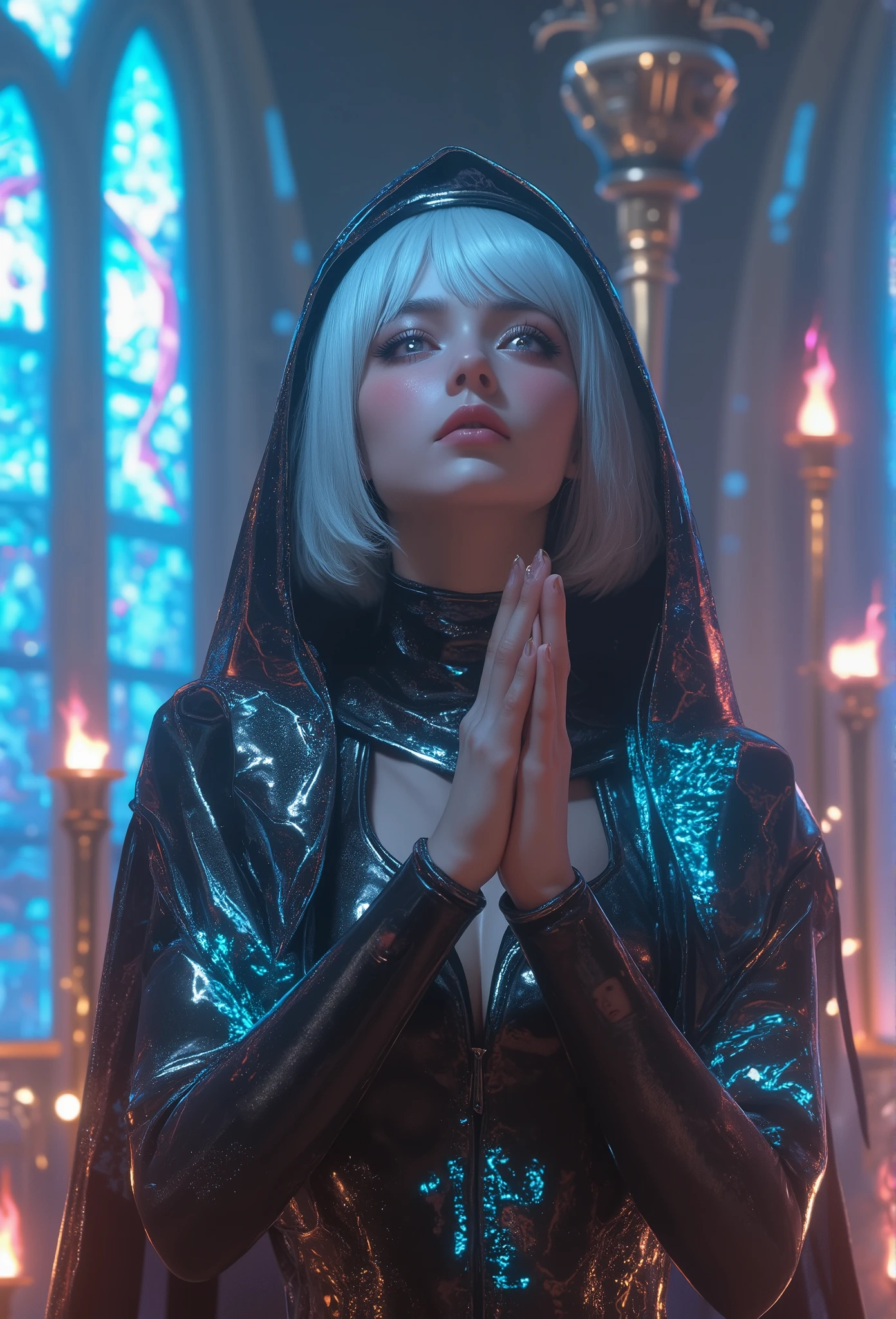 Retro Futurism style,Cracking,vintage sci-fi aesthetics,soft pastel glow,1girl,cyber-nun, Gothic　fashion　B,short white hair,red glowing eyes,metallic habit with neon accents,praying stance,hovering metallic candles,futuristic cathedral,stained glass with holographic patterns,blend of technology and faith,ethereal and otherworldly atmosphere