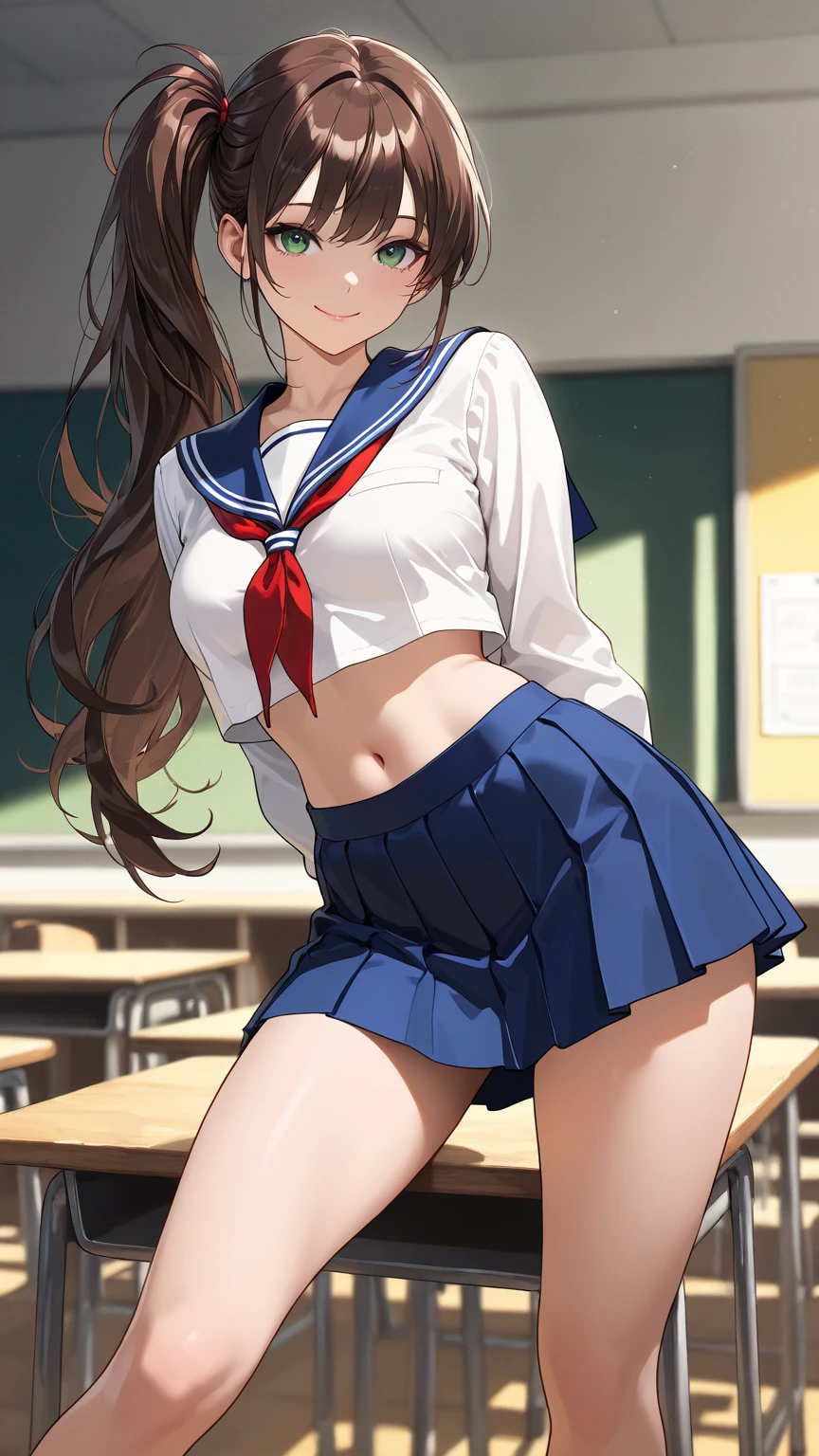 Highest quality, masterpiece, High resolution, alone, {inazuma_Kantai Collection}, brown_hair, Folded_ponytail, brown_eye, length_hair, Open_mouth, smile, School_uniform,skirt,Pleats_skirt,((Flat Chest, Small breasts)),navel,  (panties), (In underwear), (lingerie), (indoor, office, living room), skirtリフト,((nsfw)), Wet clothes